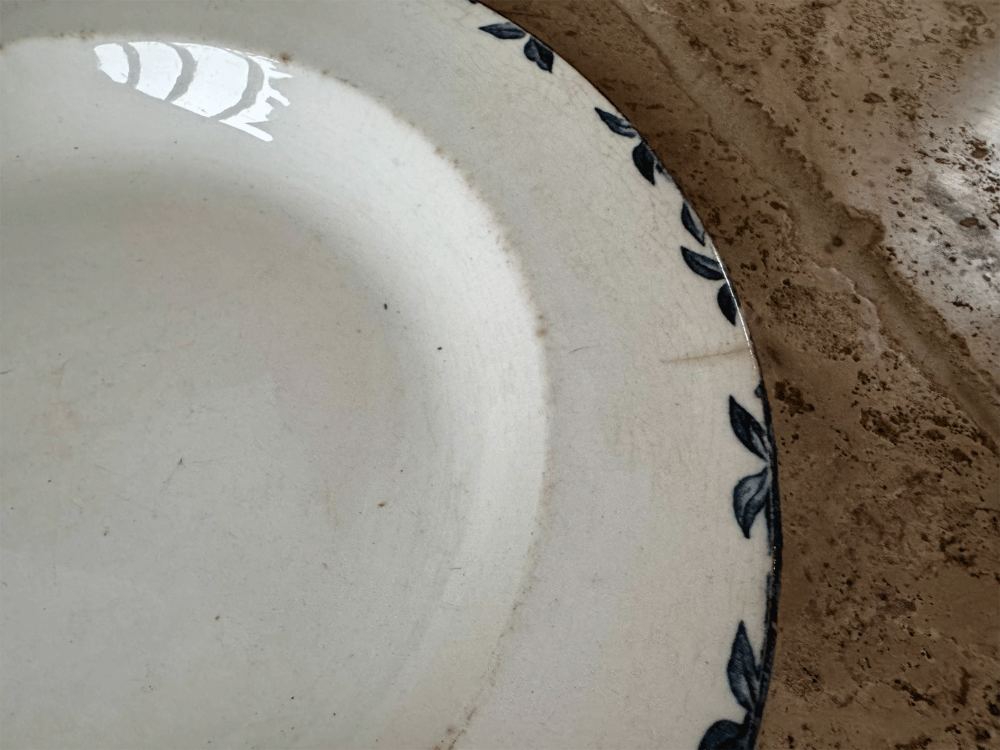 antique chippy buttery terre de fer large ironstone soup bowl dark blue transferware monogram