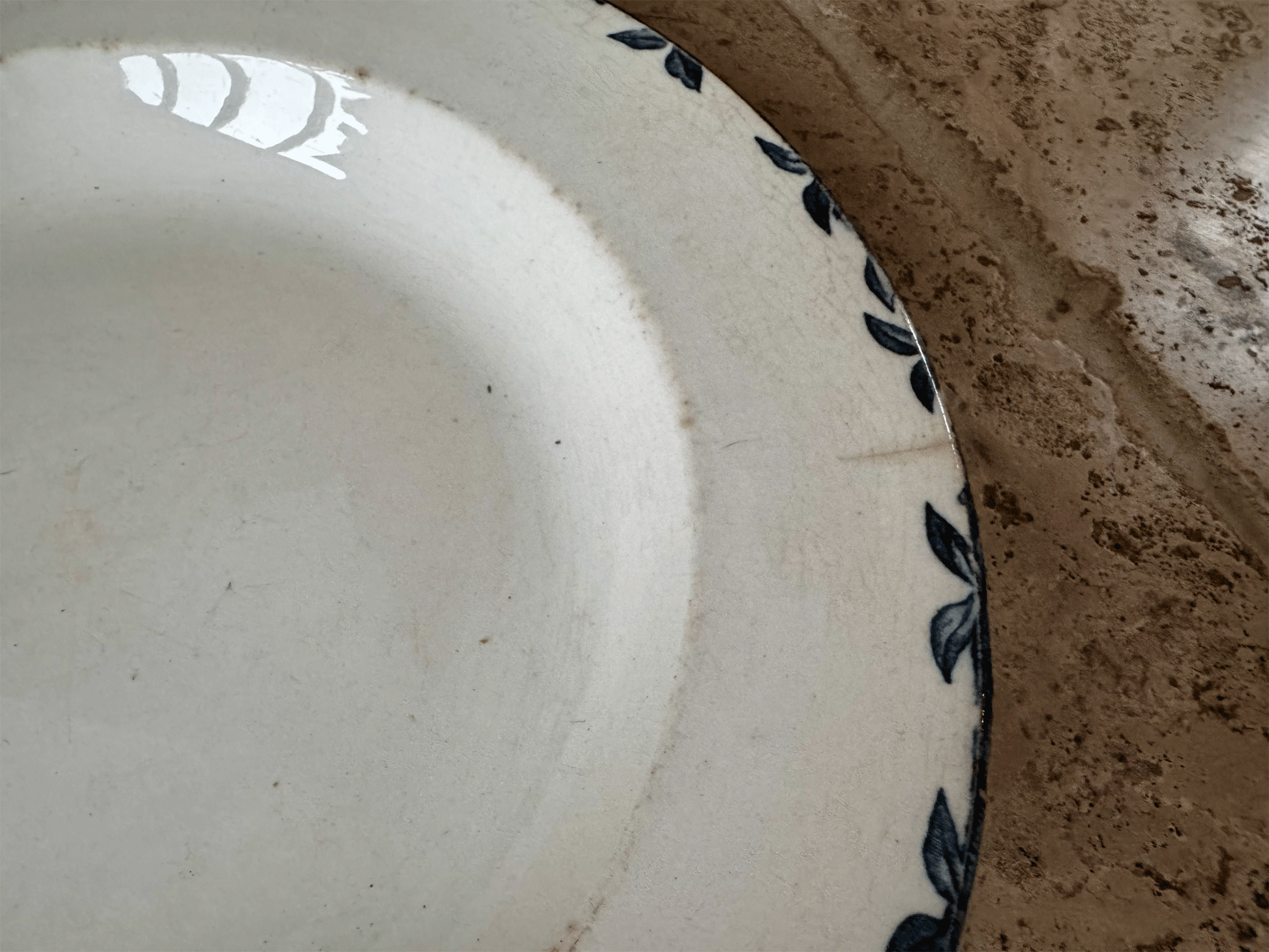 antique chippy buttery terre de fer large ironstone soup bowl dark blue transferware monogram