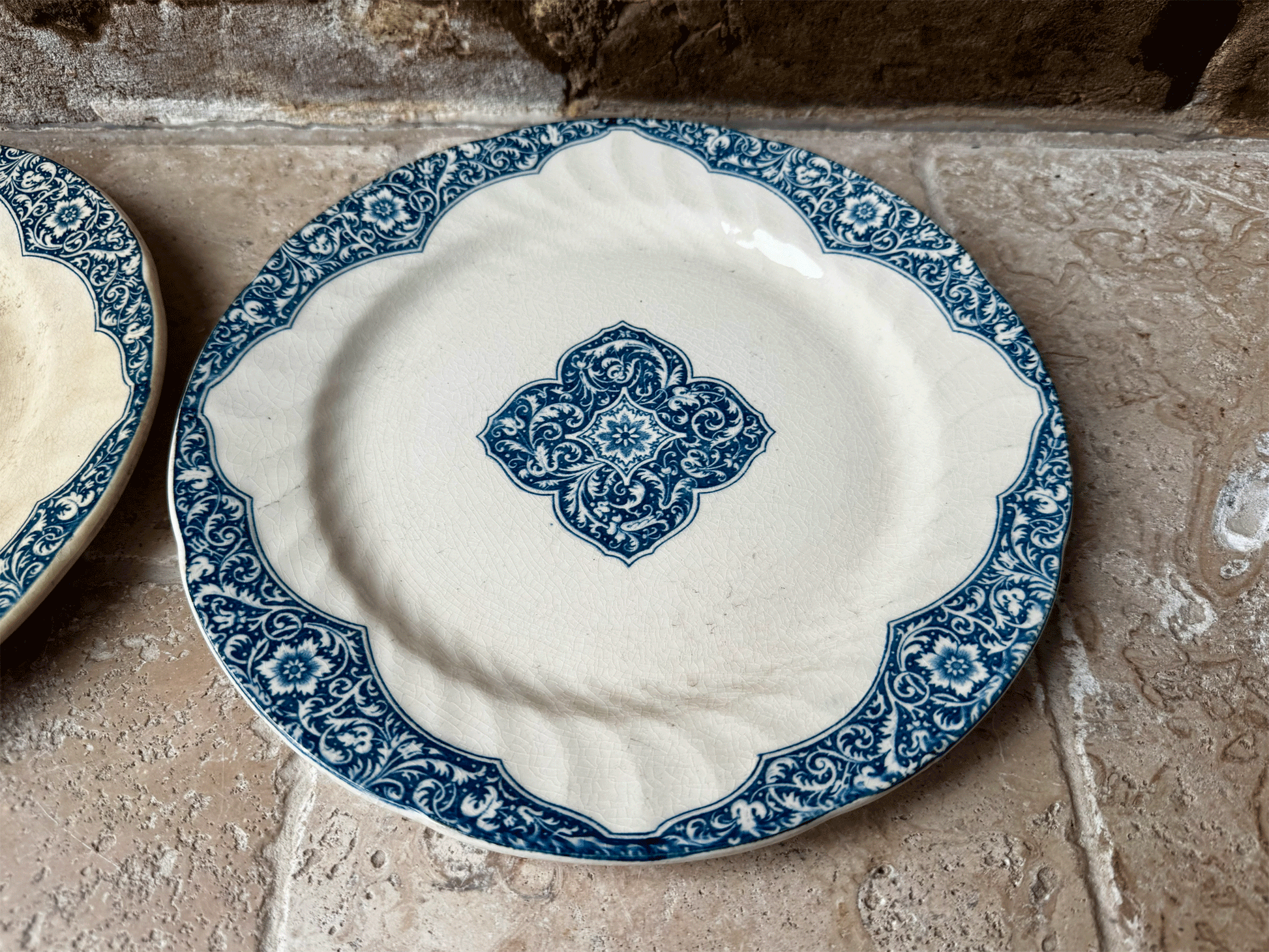 antique french blue transferware ironstone terre de fer dinner plate