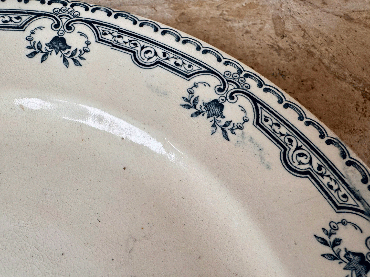 antique early 20th century ironstone terre de fer compote stand dish compotier blue transferware