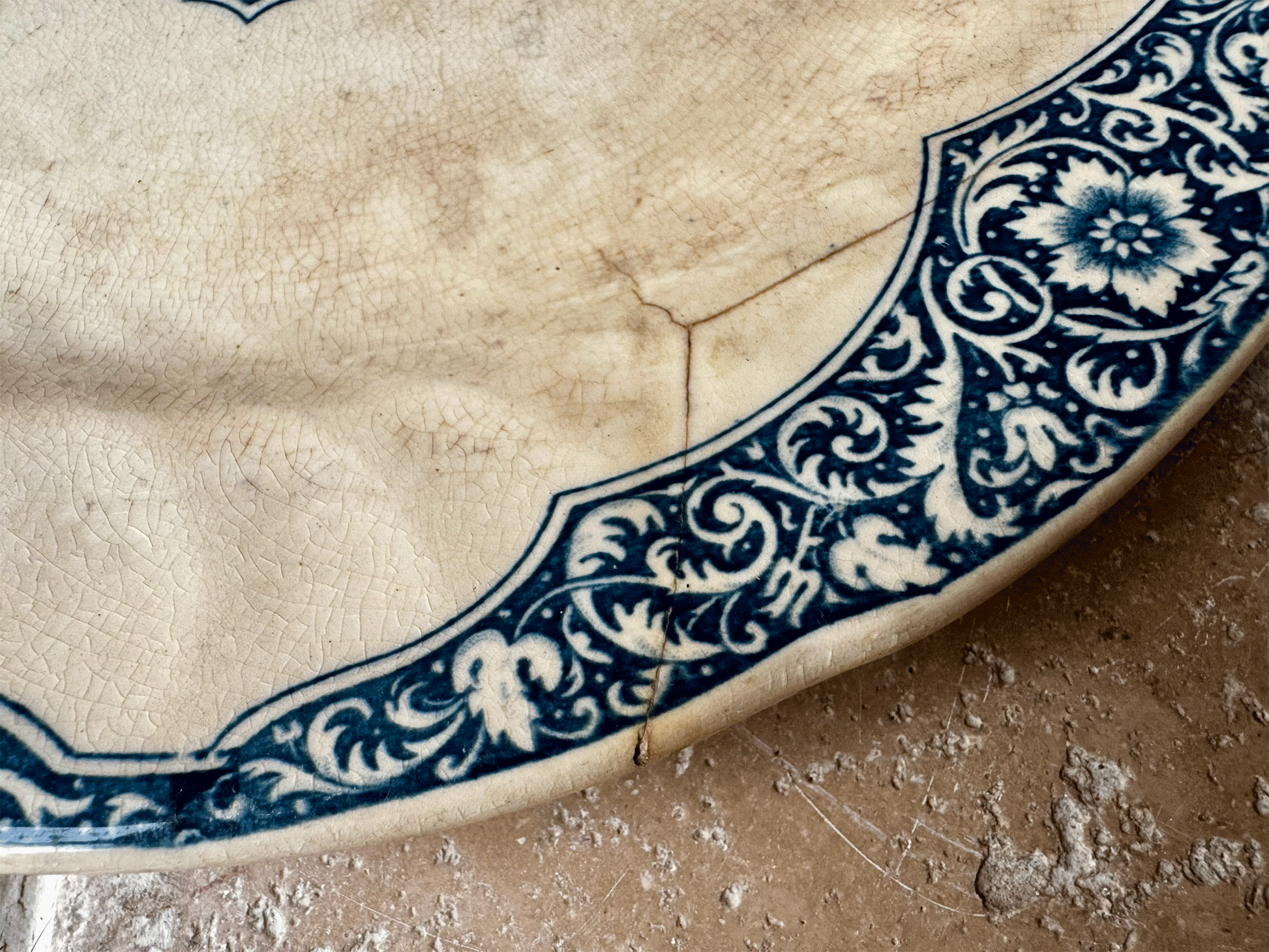 antique french blue transferware ironstone terre de fer dinner plate