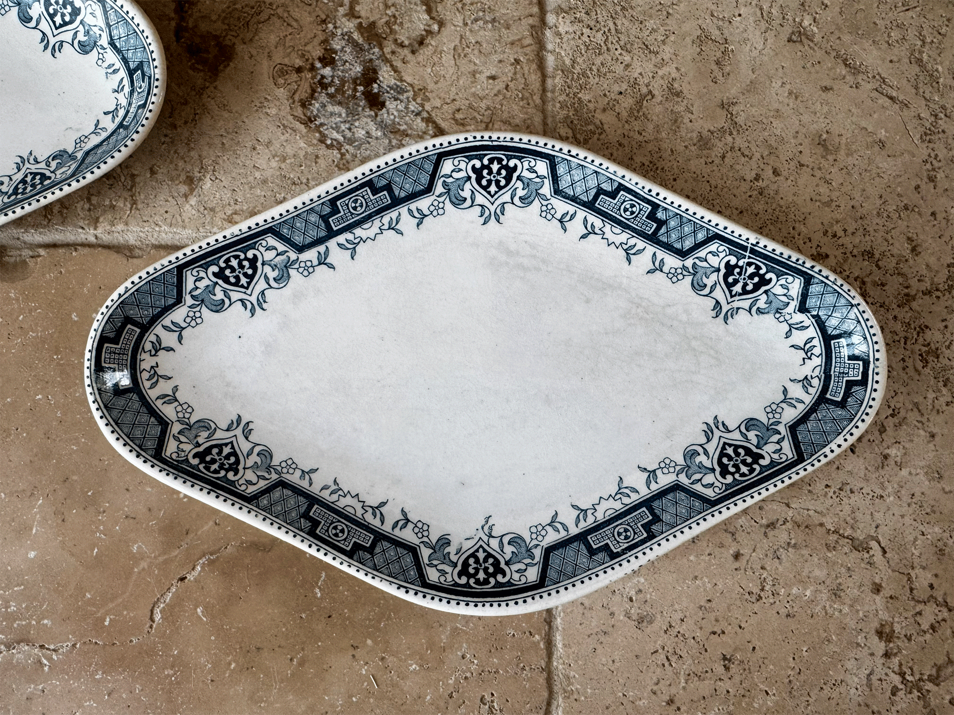 antique french st amand blue transferware ravier plate terre de fer ironstone