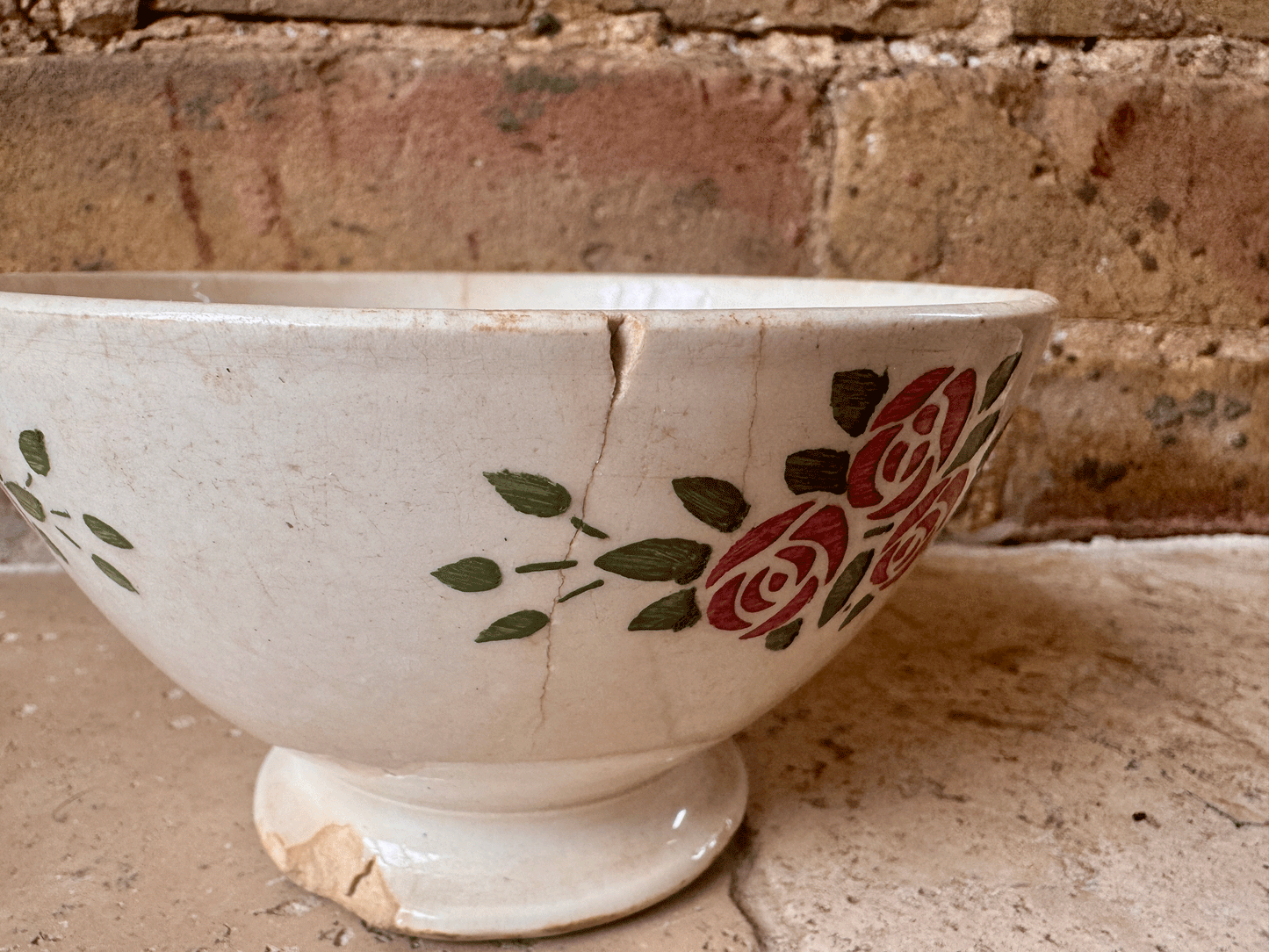 antique french chippy timeworn buttery ironstone cafe au lait bowl hbcm transferware roses