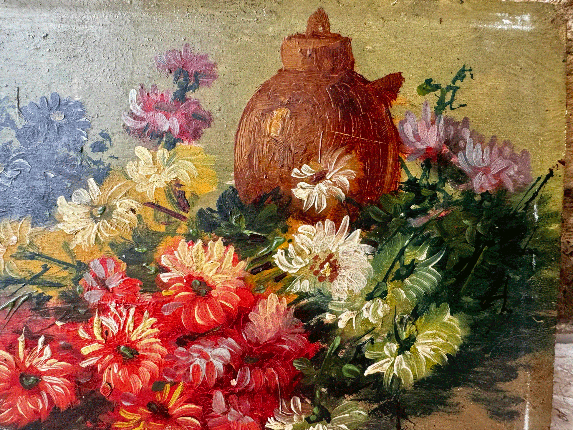 antique french floral composition oil painting board signed boucher 1905