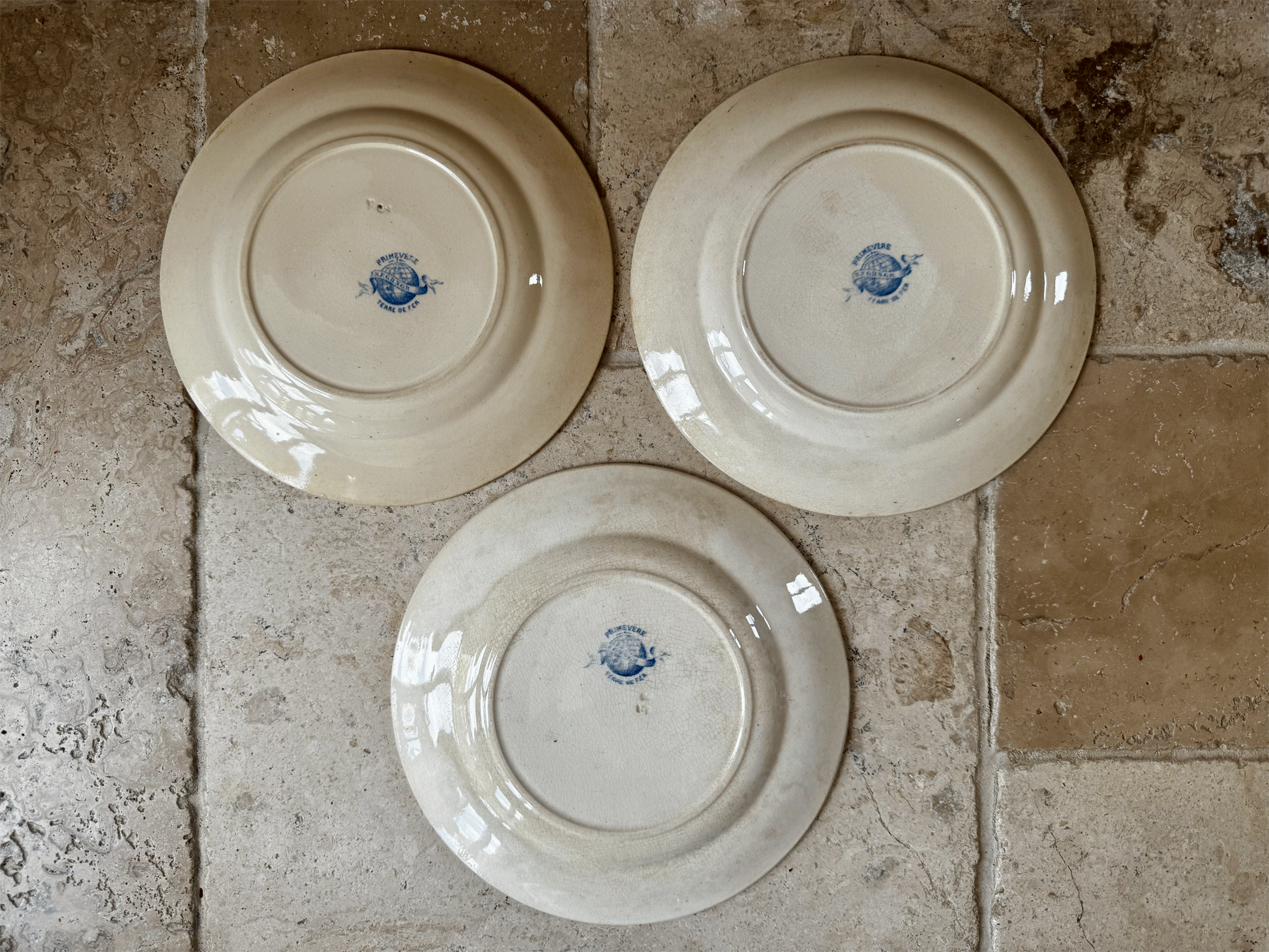 antique french terre de fer ironstone blue transferware plate assiette primavere primrose garland pattern