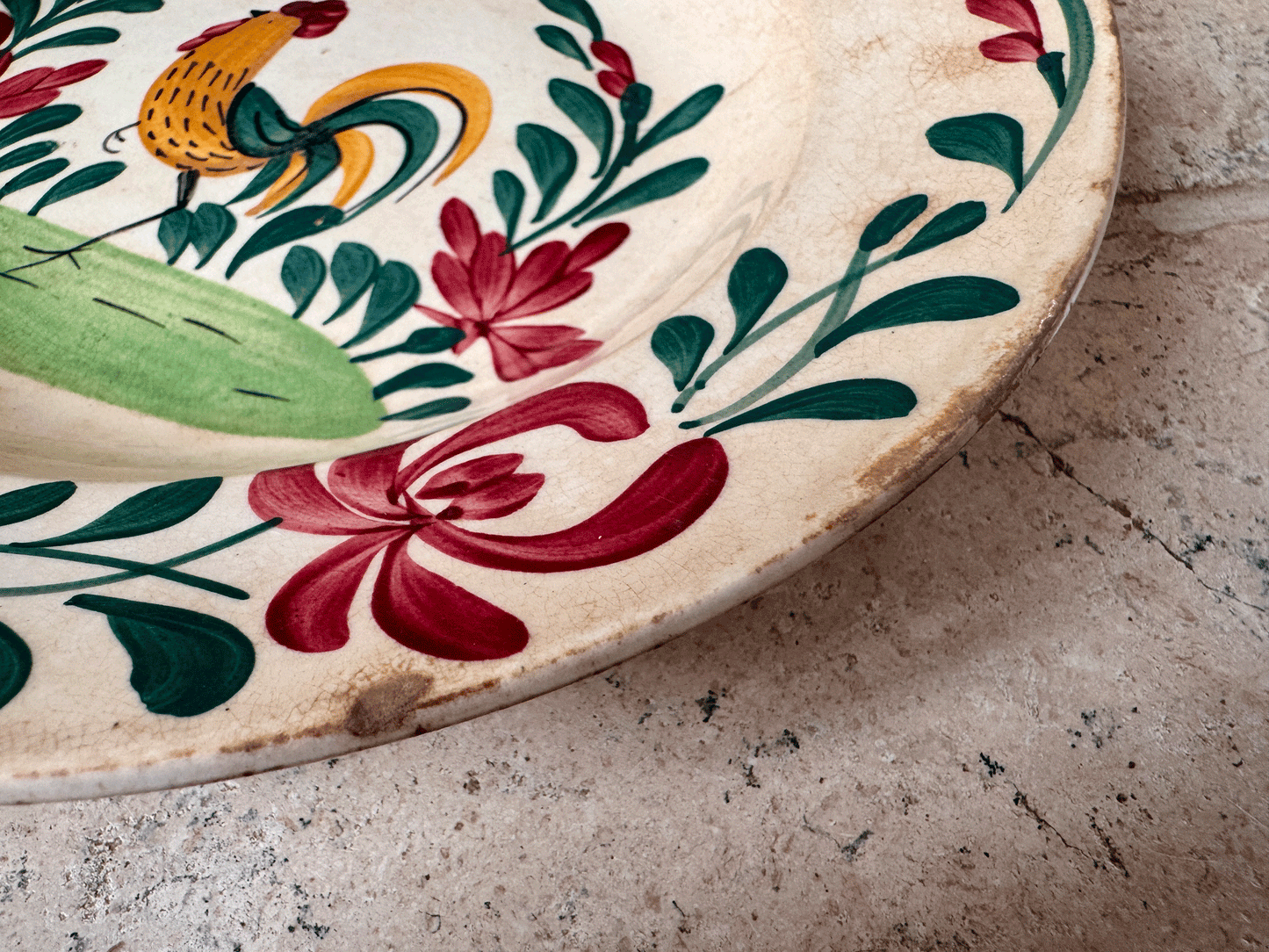 antique french terre de fer ironstone hand painted cockerel soup bowl folk art