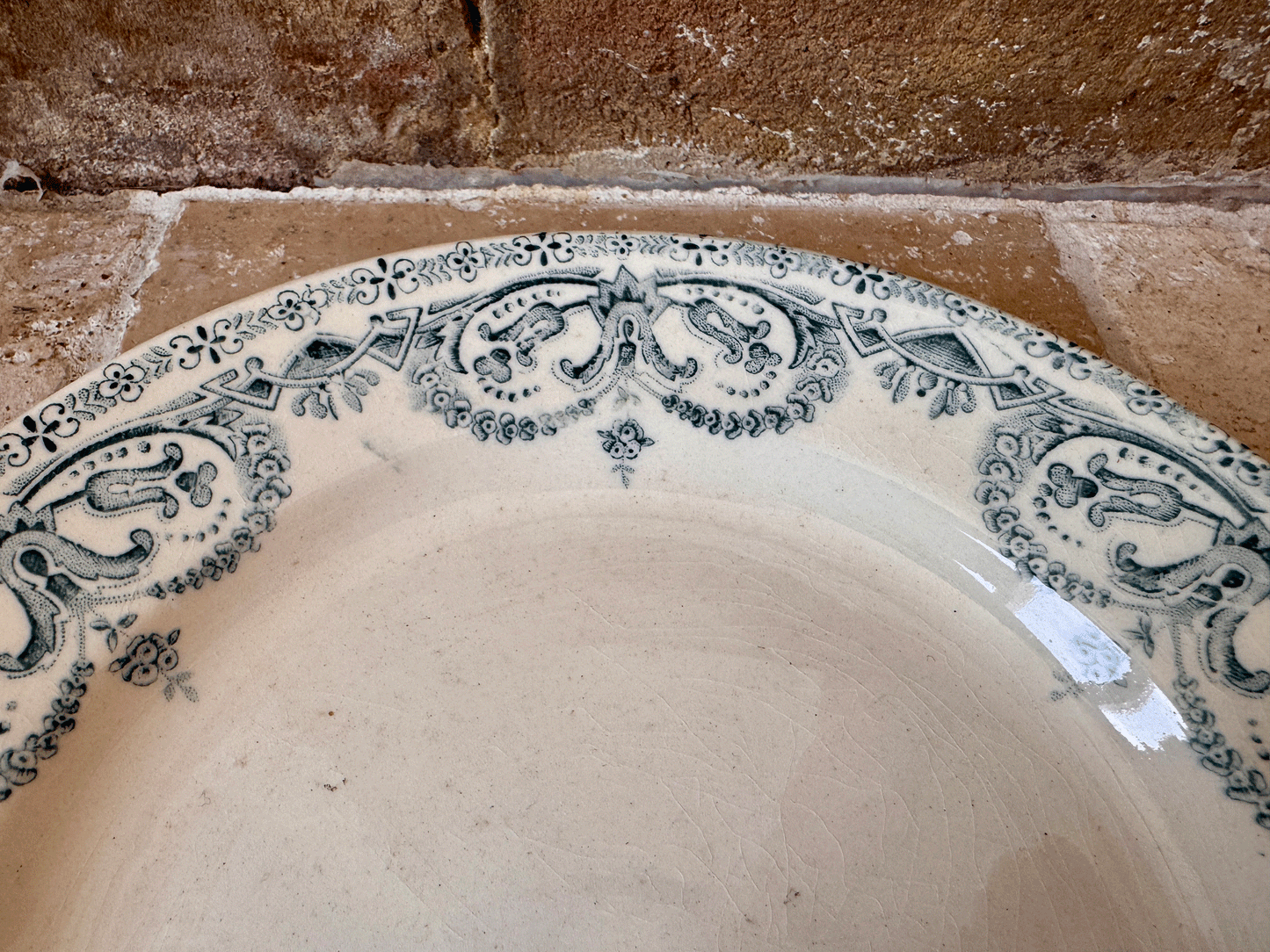 antique french teal transferware terre de fer ironstone plate caiffa guirlande