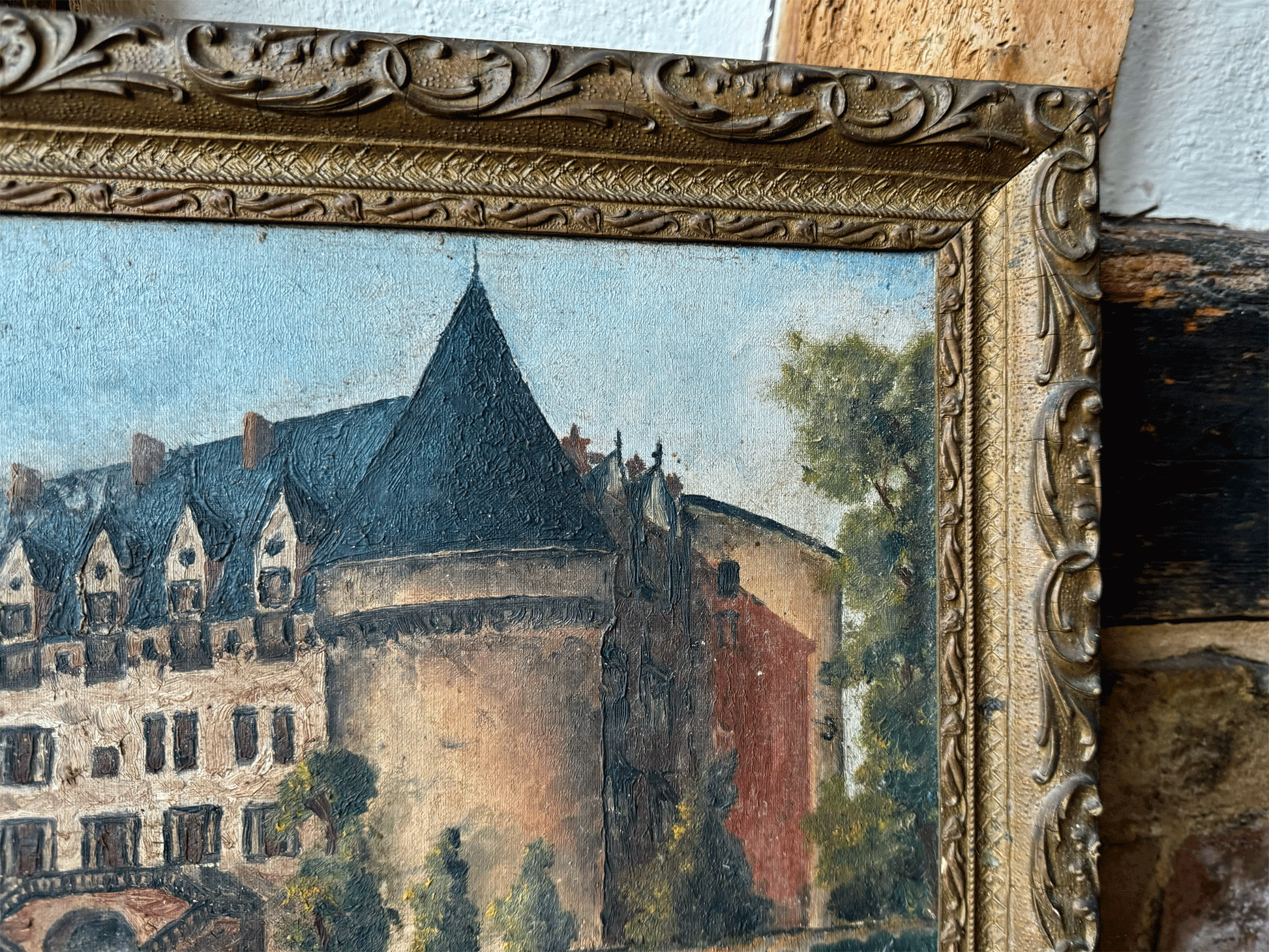 antique frencg oil painting canvas chateau scene m desbourdes