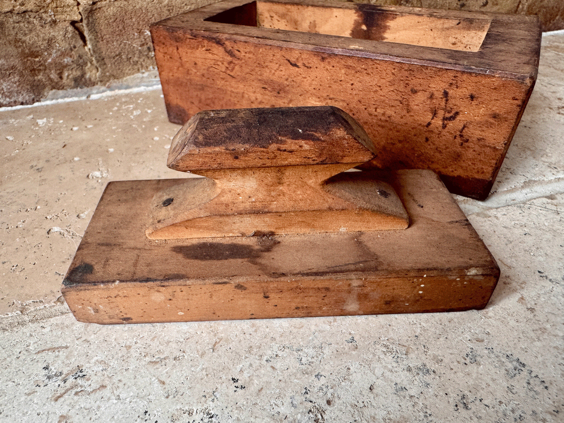 antique french rustic carved wooden treen butter mould brick grazing cow