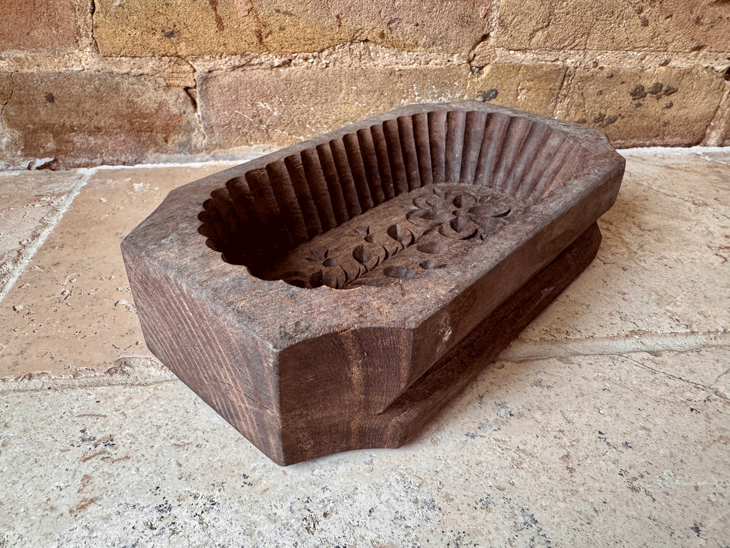 antique french deeplt carved butter brick mould wooden geometric folk art flower floral