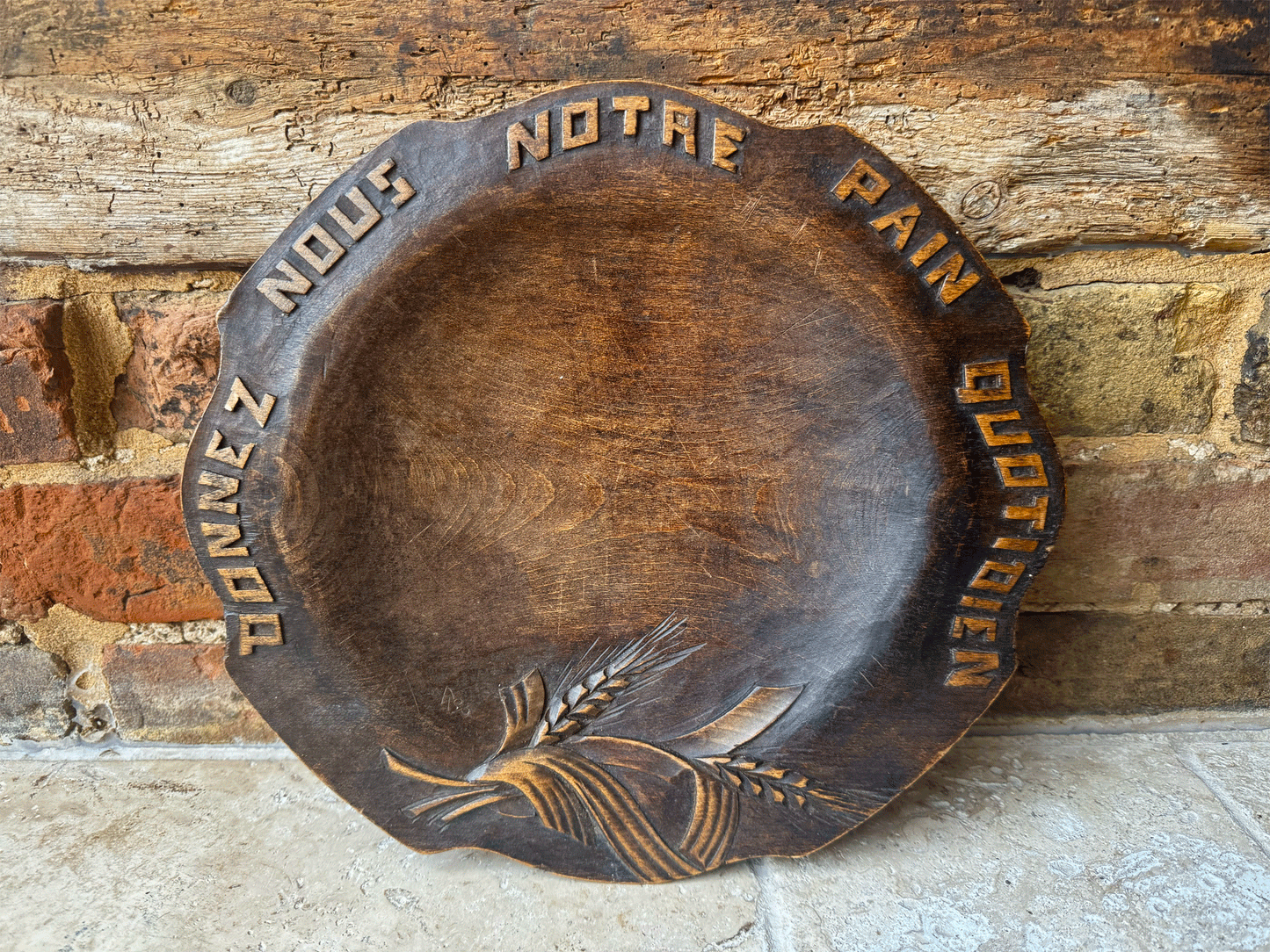 antique french carved wooden treen breadboard daily bread pain quotidien motto wheat