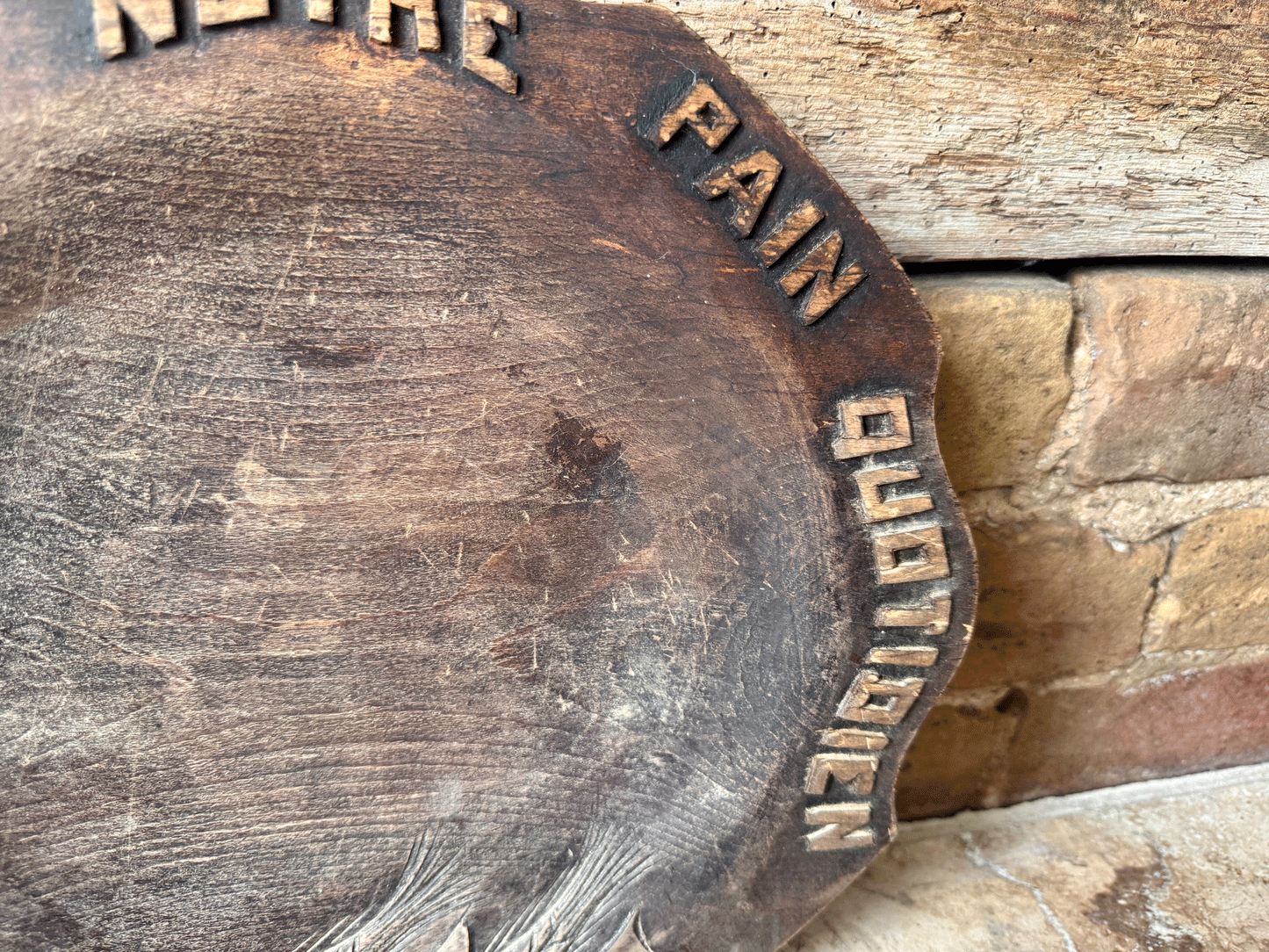 rustic antique french carved breadboard platter give us daily bread motto