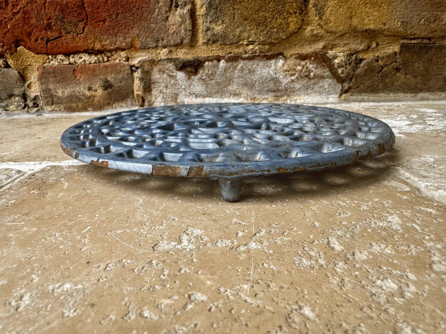 antique french blue enamel cast iron pot stand trivet cooling rack