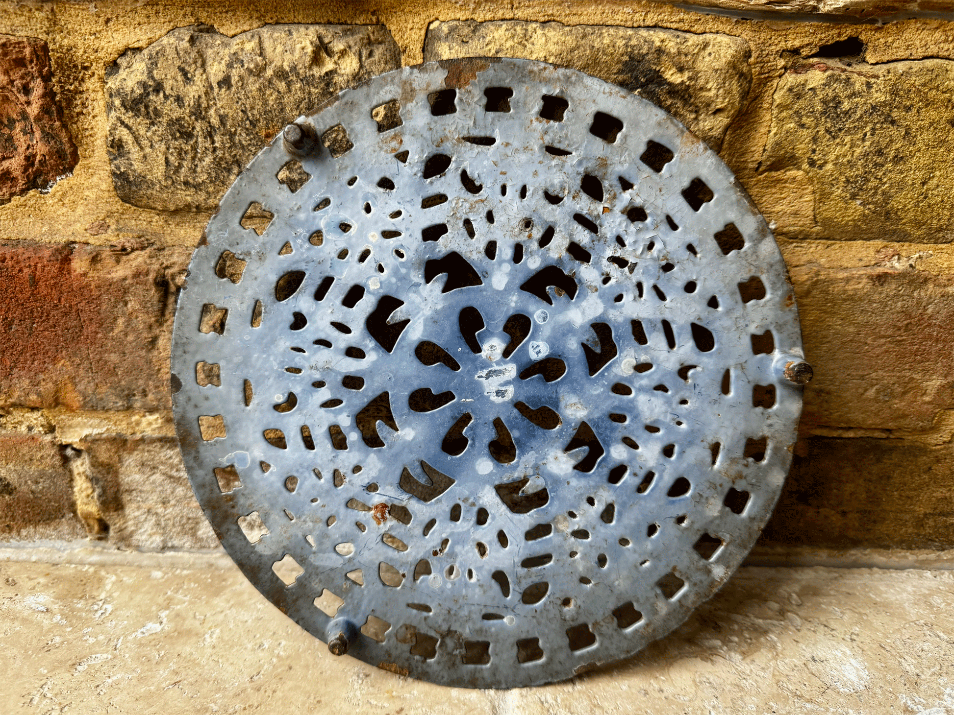 antique french blue enamel cast iron pot stand trivet cooling rack