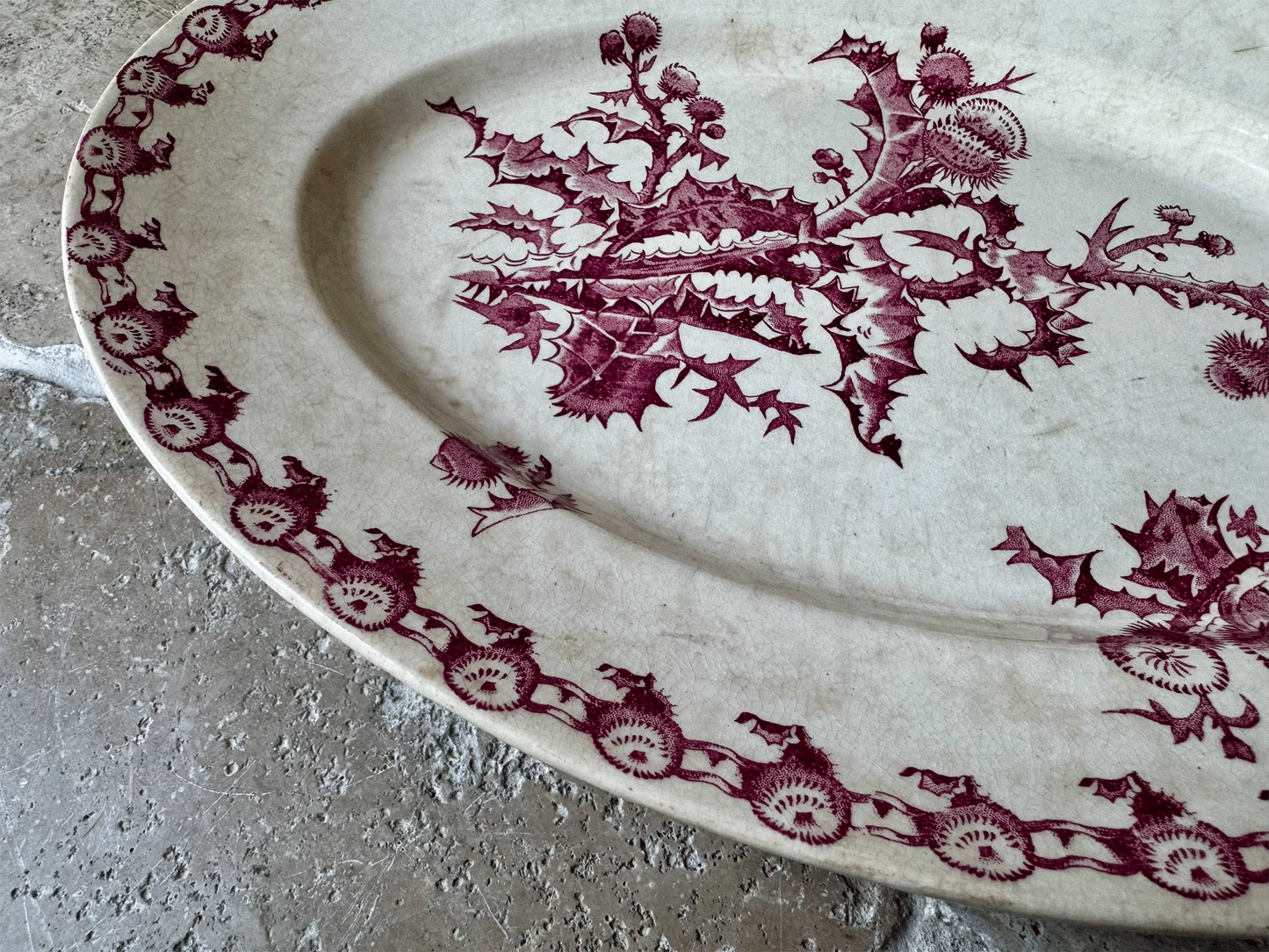 antique 19th century gien chardons pink transferware terre de fer ironstone platter plate