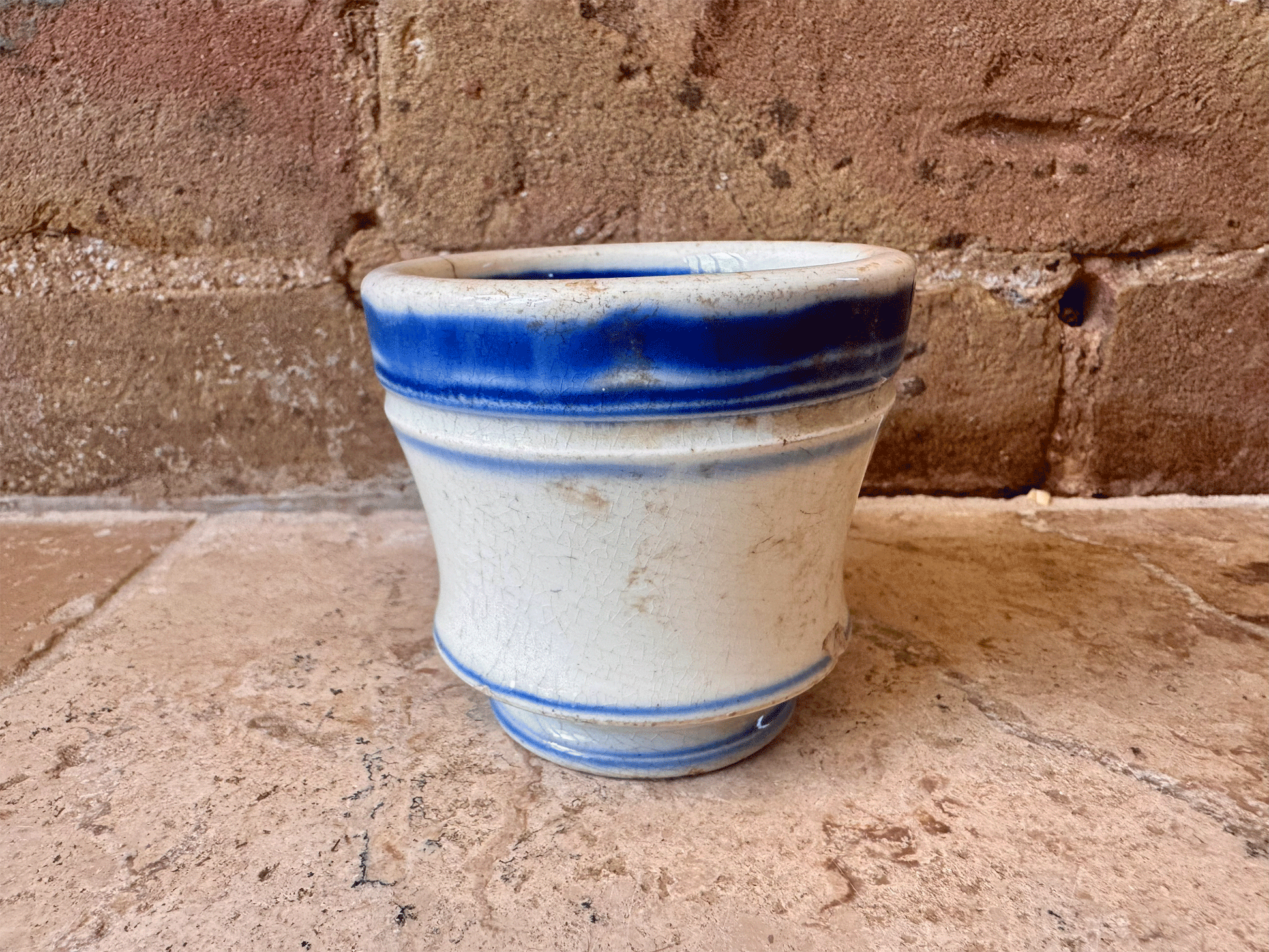 antique french chippy timeworn ironstone terre de fer brulot coffee brandy mug cup blue rim