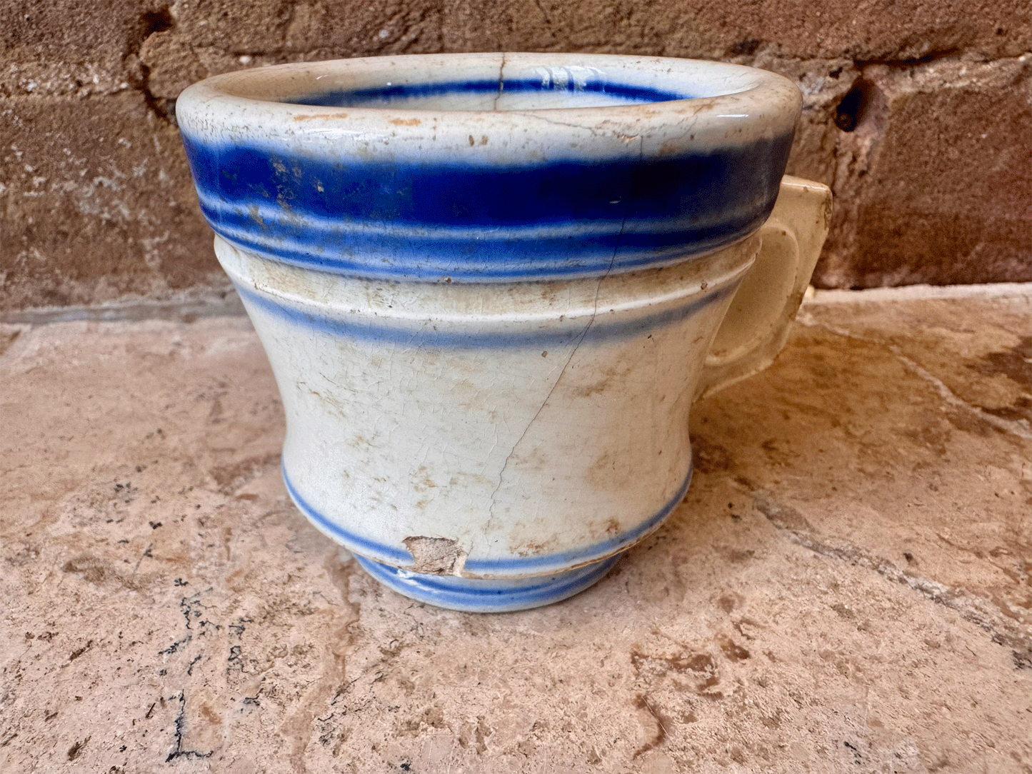 antique french chippy timeworn ironstone terre de fer brulot coffee brandy mug cup blue rim