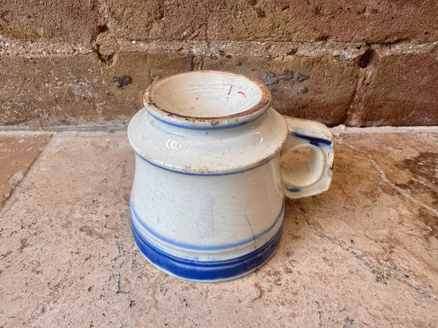 antique french chippy timeworn ironstone terre de fer brulot coffee brandy mug cup blue rim