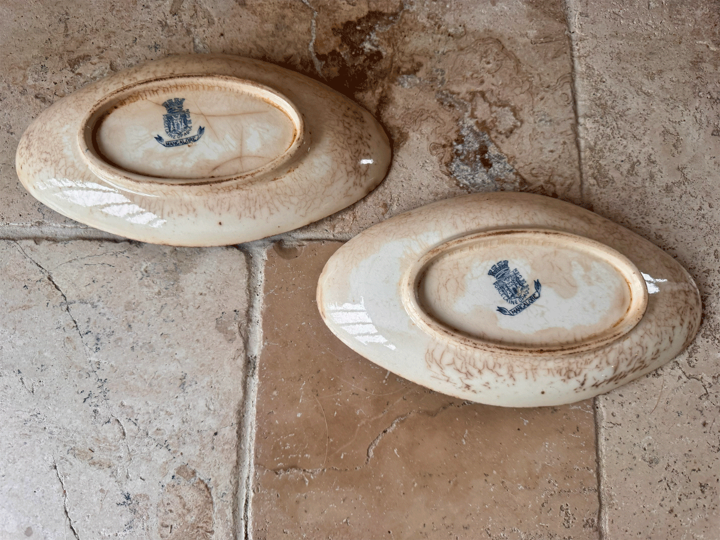 antique chippy timeworn blue transferware ironstone terre de fer ravier plate gien mangalore