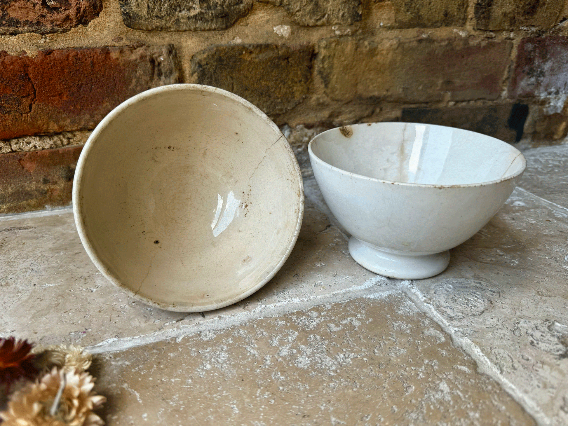 antique french chippy timeworn white ironstone cafe au lait bowl