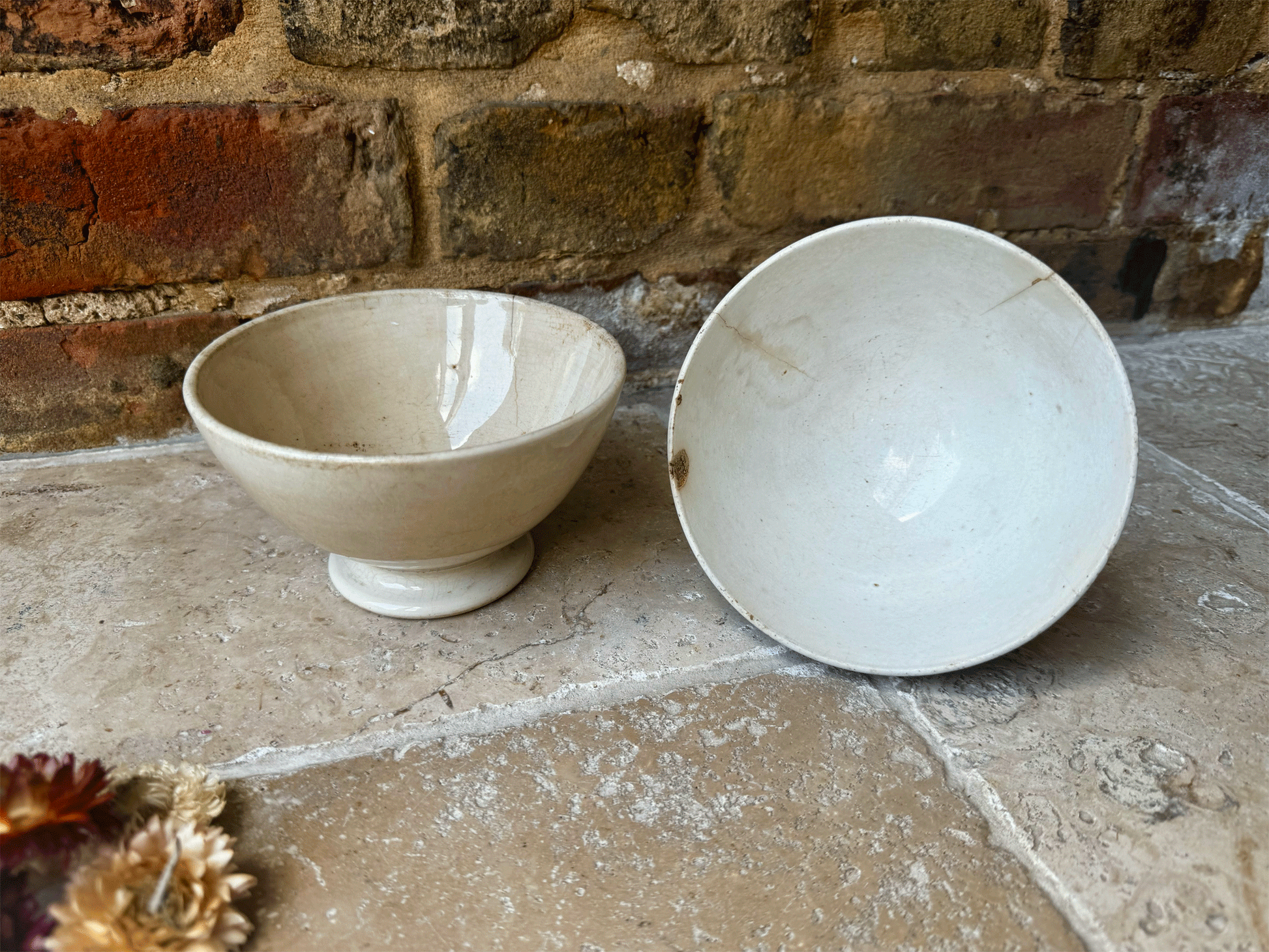 antique french chippy timeworn white ironstone cafe au lait bowl