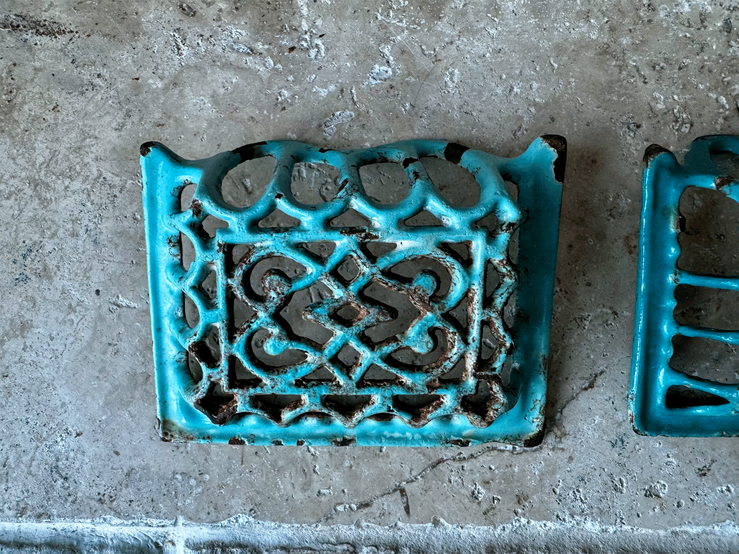 antique french chippy turquoise enamel cast iron soap dish