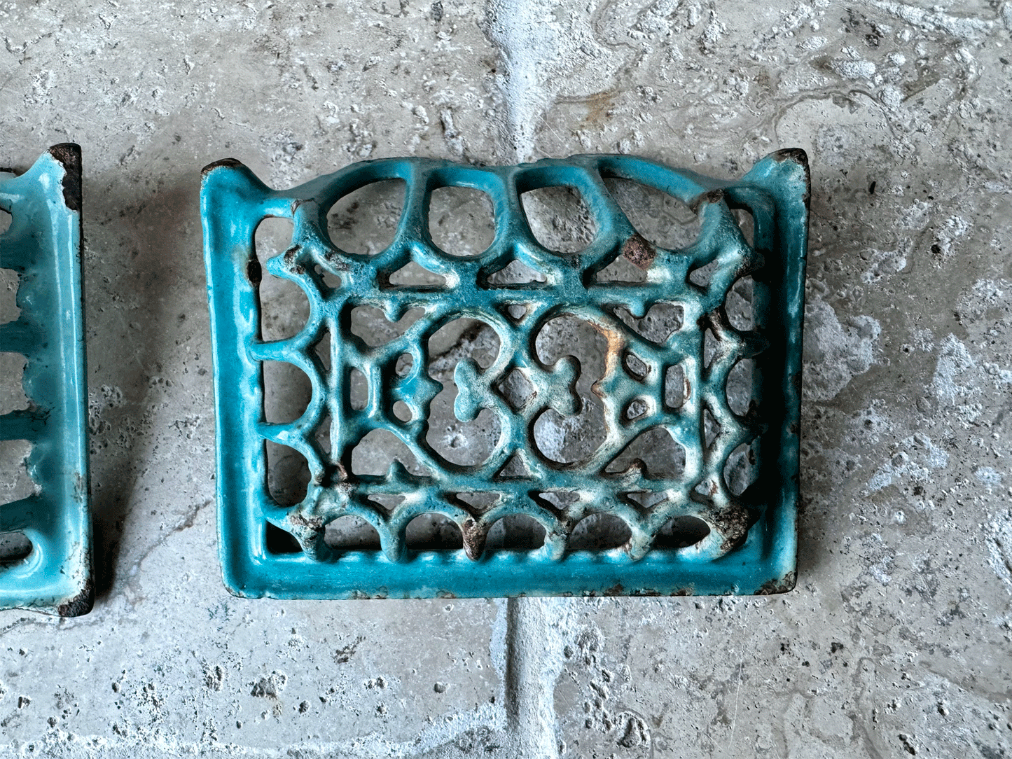 antique french chippy turquoise enamel cast iron soap dish