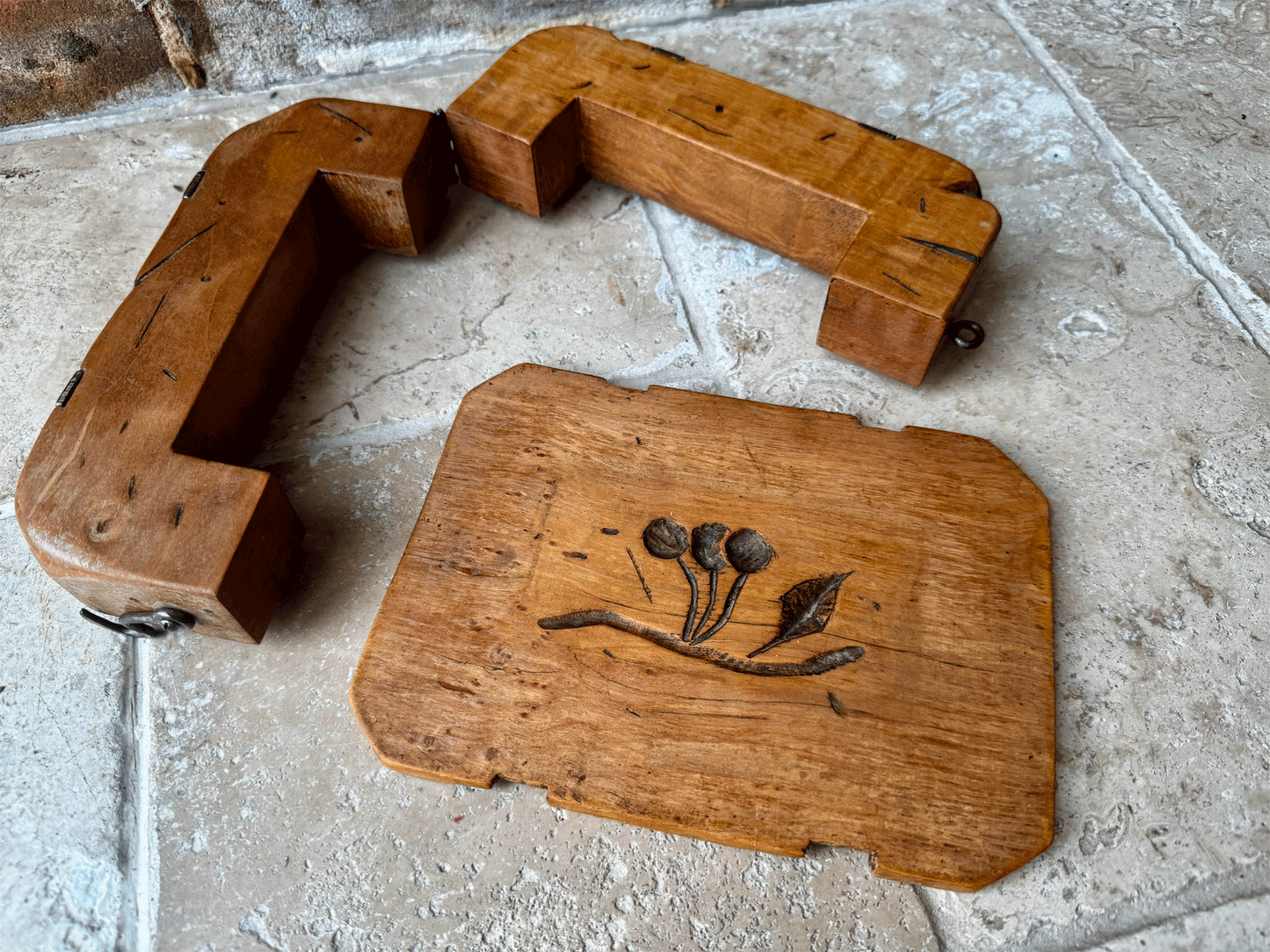 antique french chunky large arved wooden treen butter mould brick berries