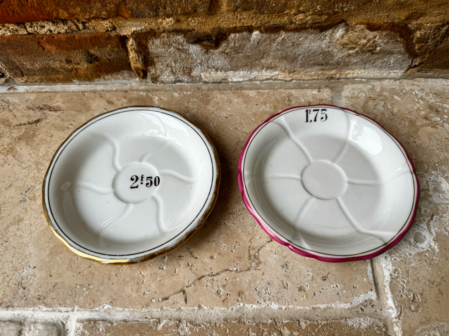 french antique white ironstone coloured rim cafe bar price tab tip dish snack plates