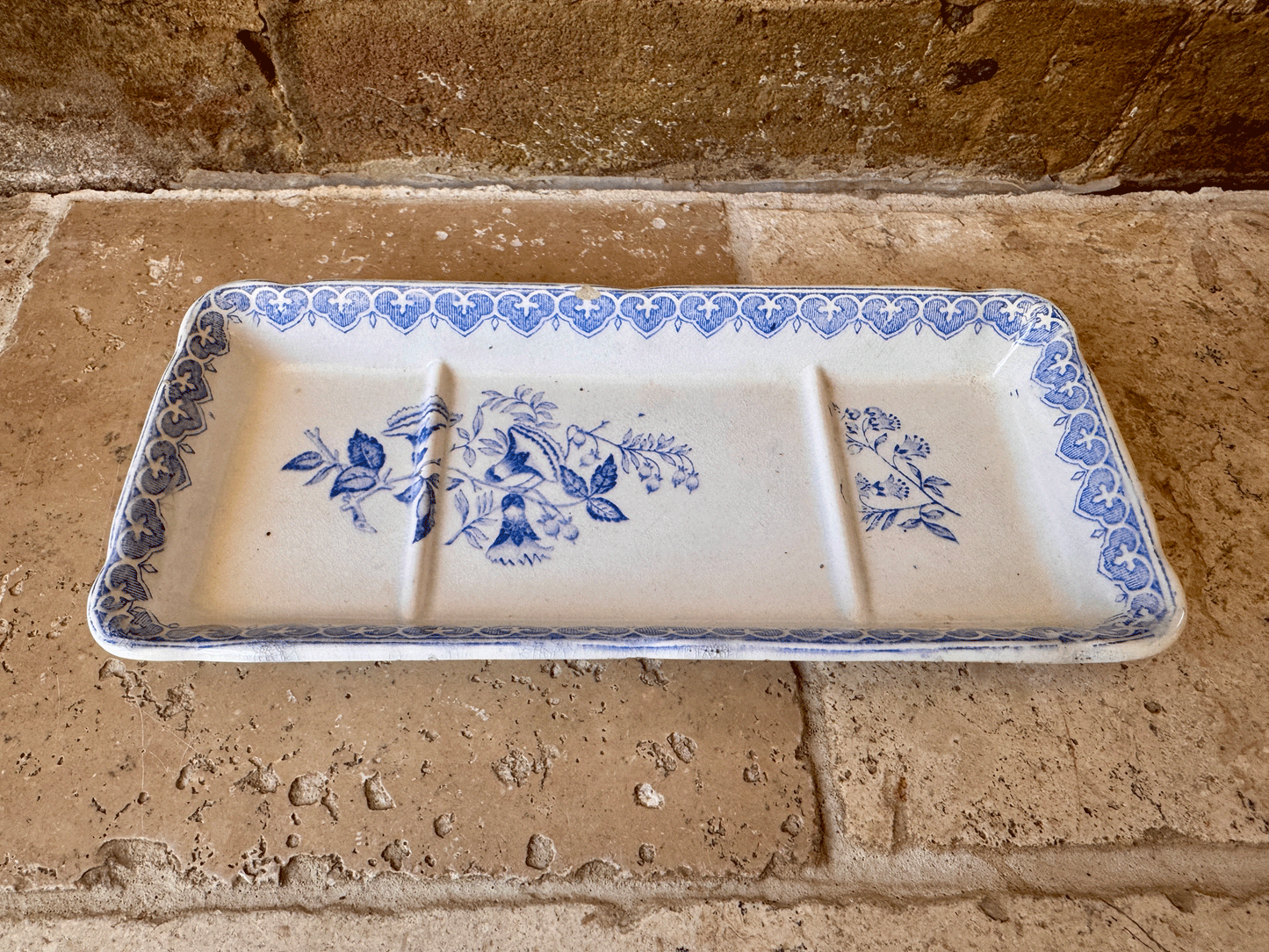 antique french blue transferware terre de fer ironstone creil montereau bouquets soap razor dish