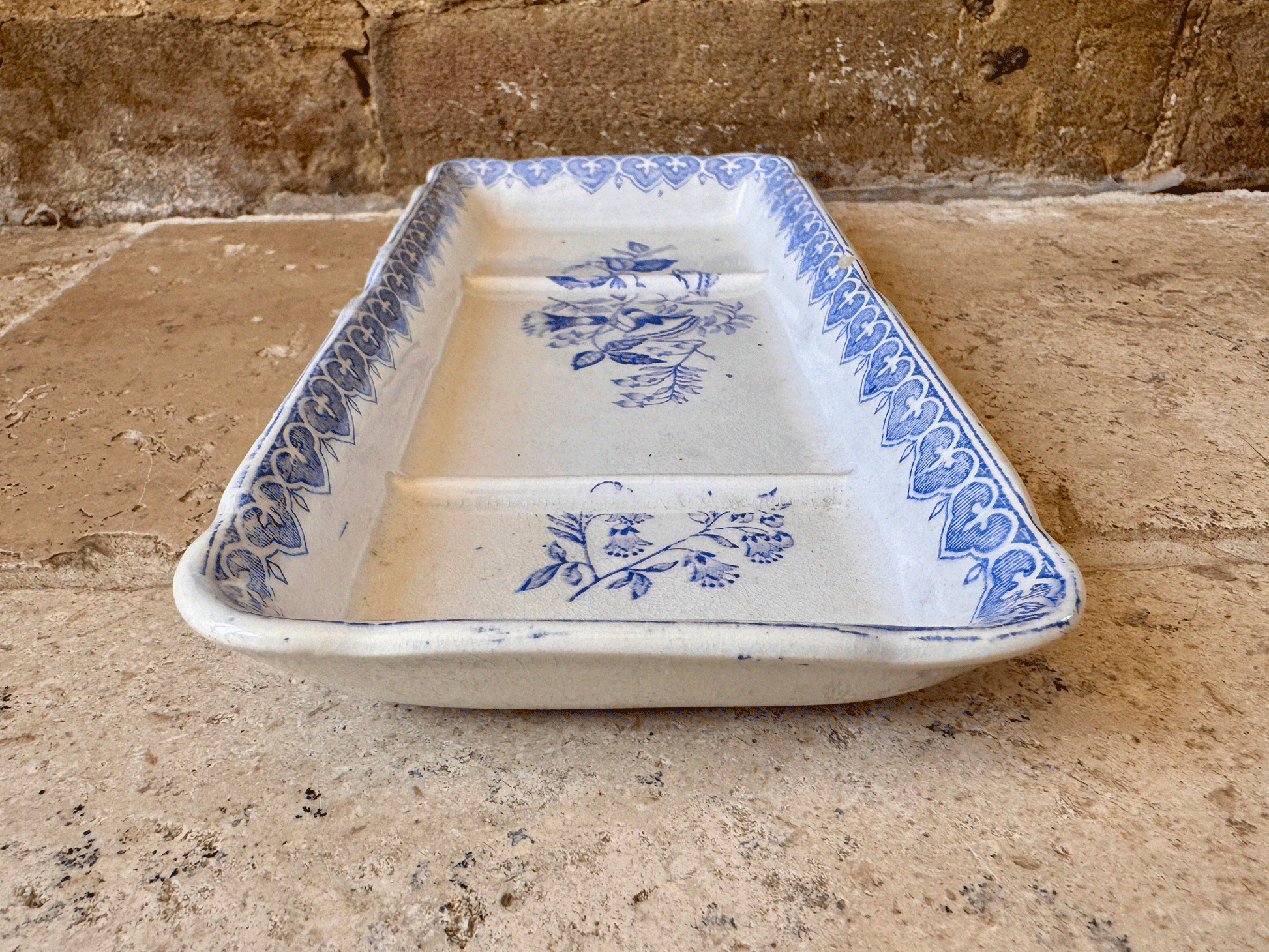 antique french blue transferware terre de fer ironstone creil montereau bouquets soap razor dish