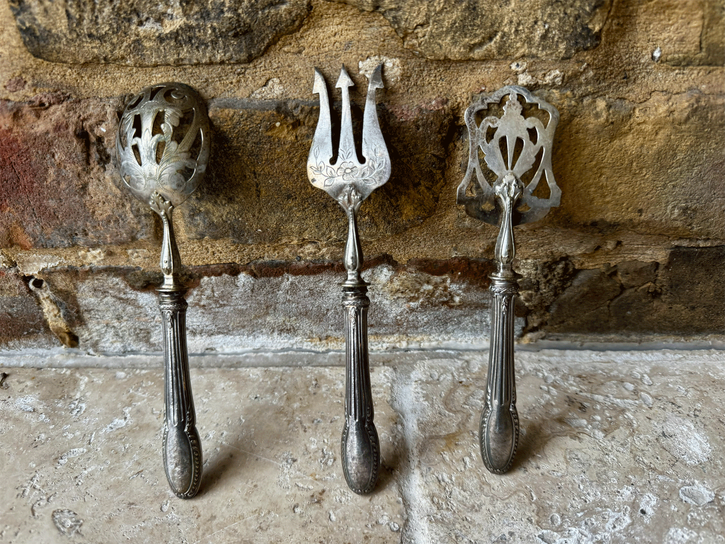 antique french silver plated cutlery set sugar spoon shovel pickle fork ornate decoration