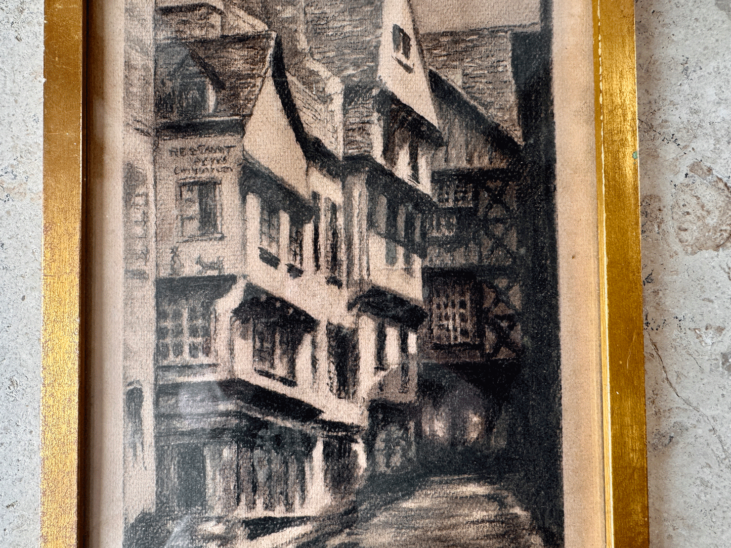 antique french signed framed charcoal drawing medieval rouen dated 1937
