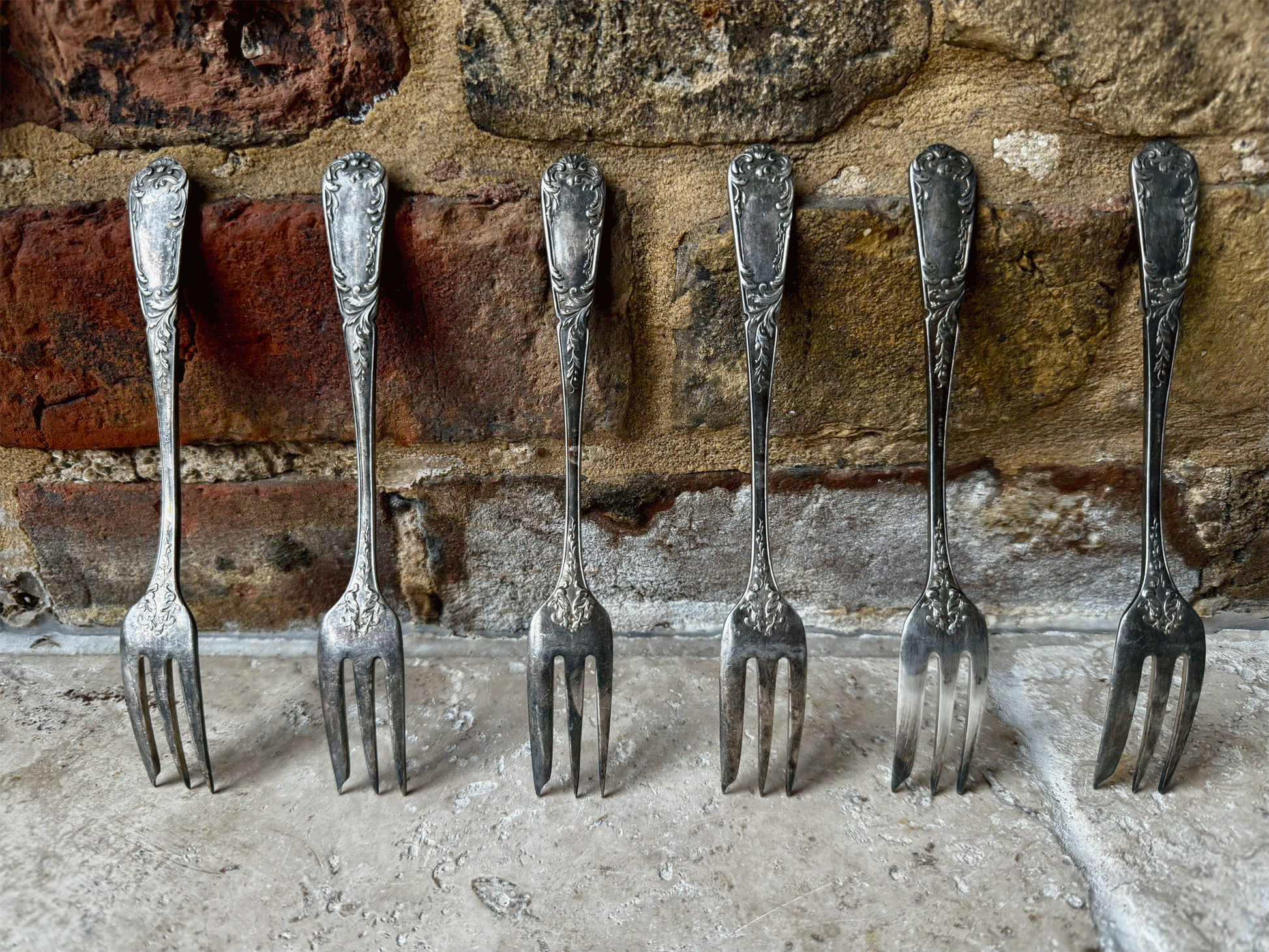antique french silver plated decorative floral foliage dessert forks