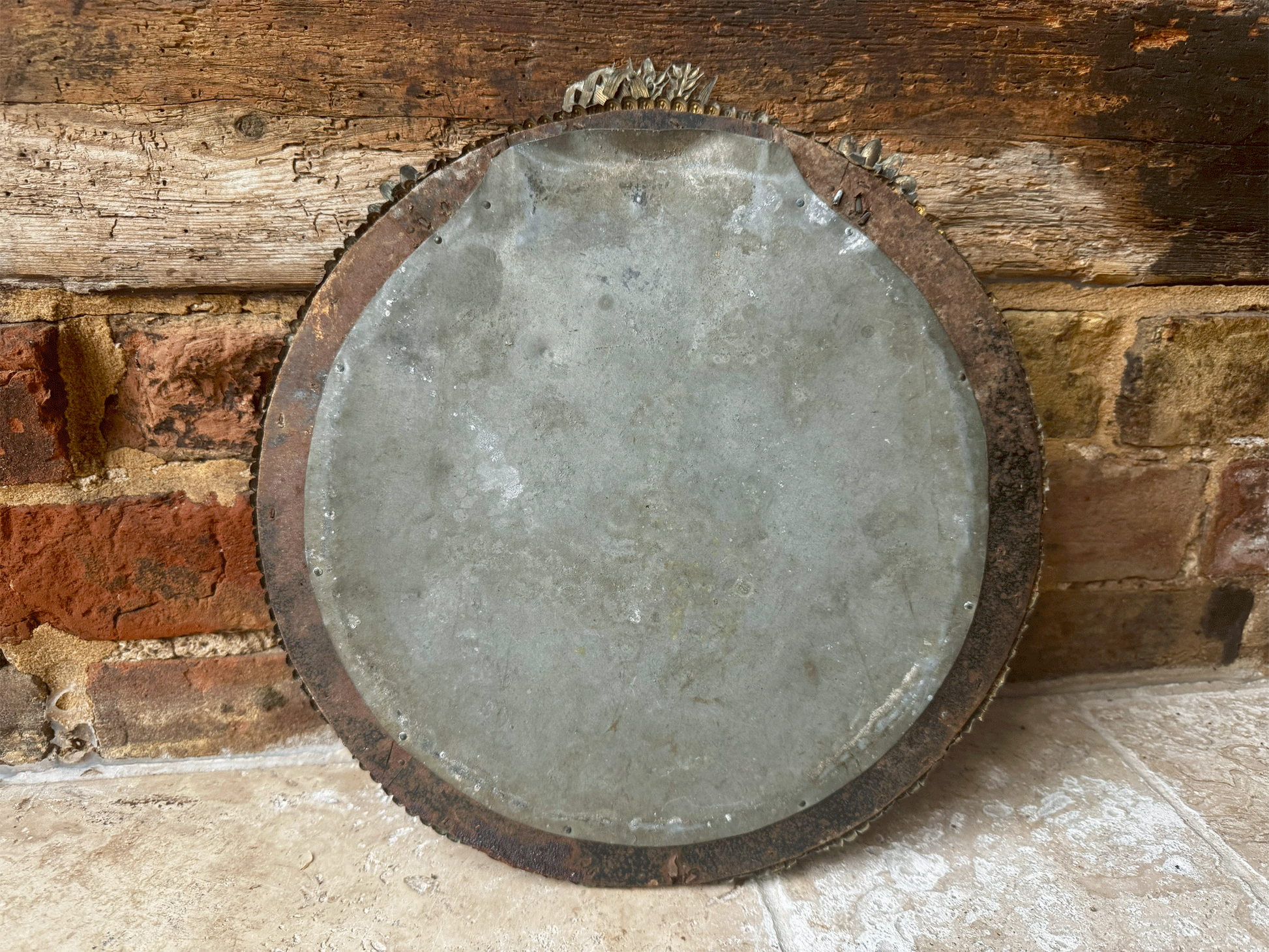 antique french 9th century 1800s timworn distressed foxed mirror metalwork frame