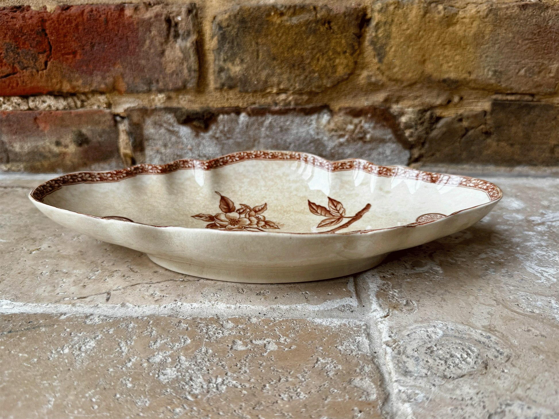 antique french emile bourgeois ravier oval plate dish sepia transferware marguerite grand depot buttery crazing