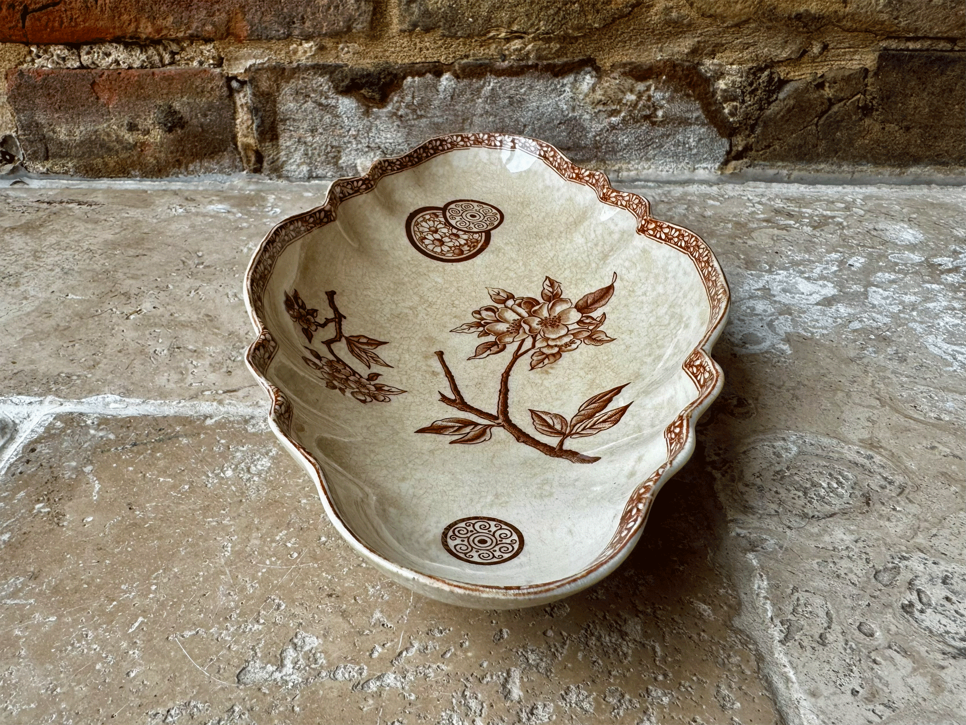 antique french emile bourgeois ravier oval plate dish sepia transferware marguerite grand depot buttery crazing