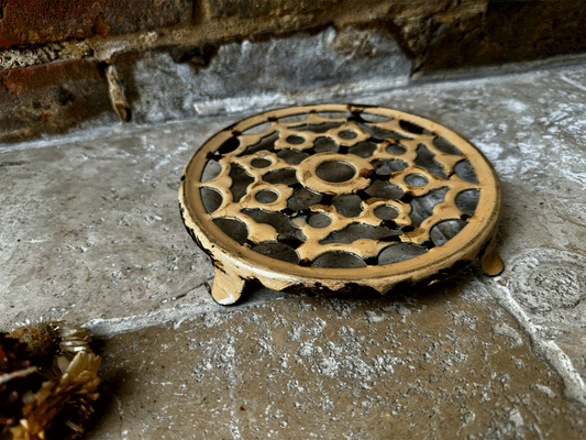 antique french enamel cream rustic kitchenalia cast iron trivet plant stand