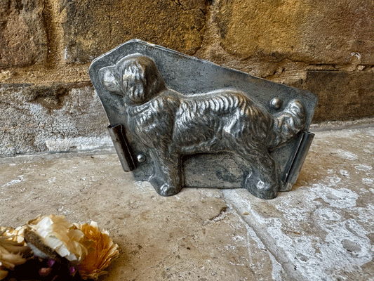 antique french rare golden retriever dog shaped two piece tin chocolate mould etang fils