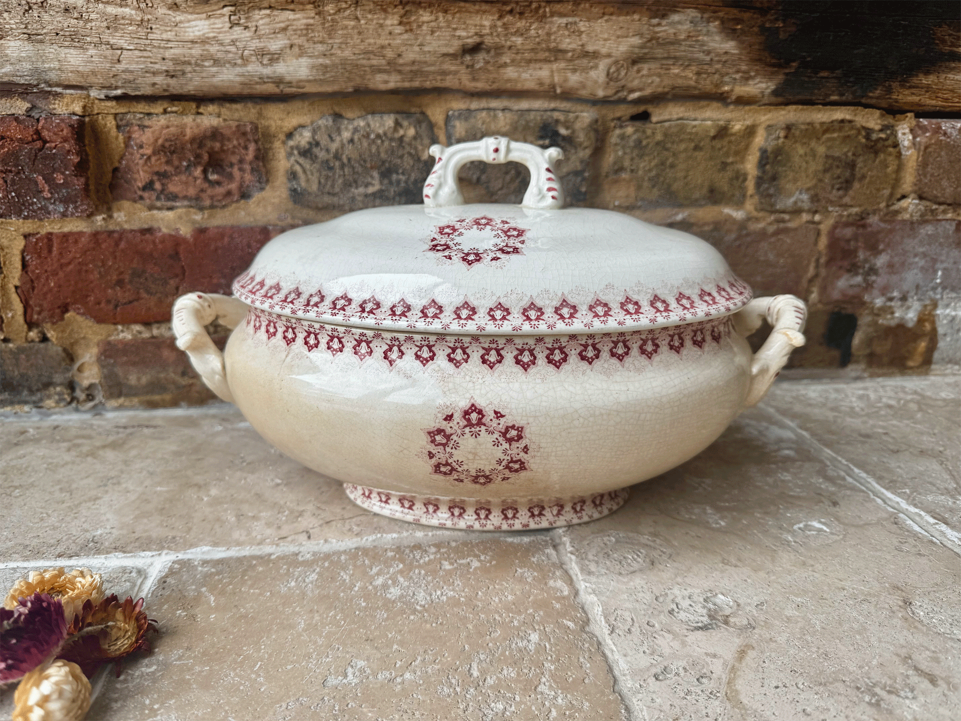 antique french large lidded pink red ironstone soupiere tureen choisy le roi boulanger terre de fer
