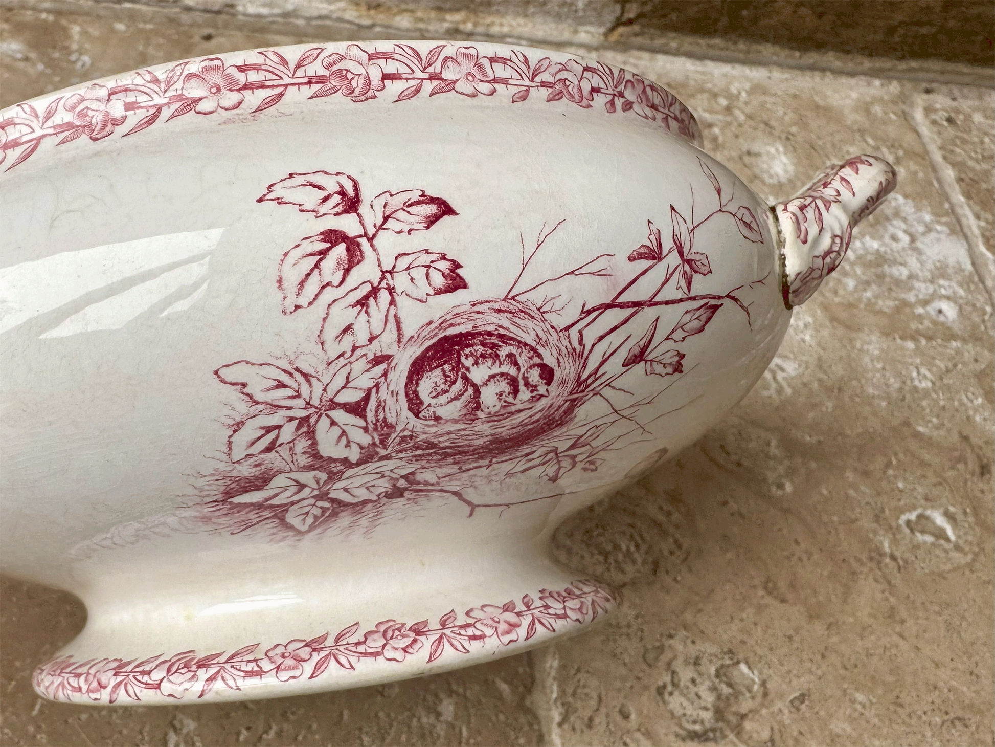 antique french pink transferware soupiere alaville st denis paris ironstone terre de fer country scenes