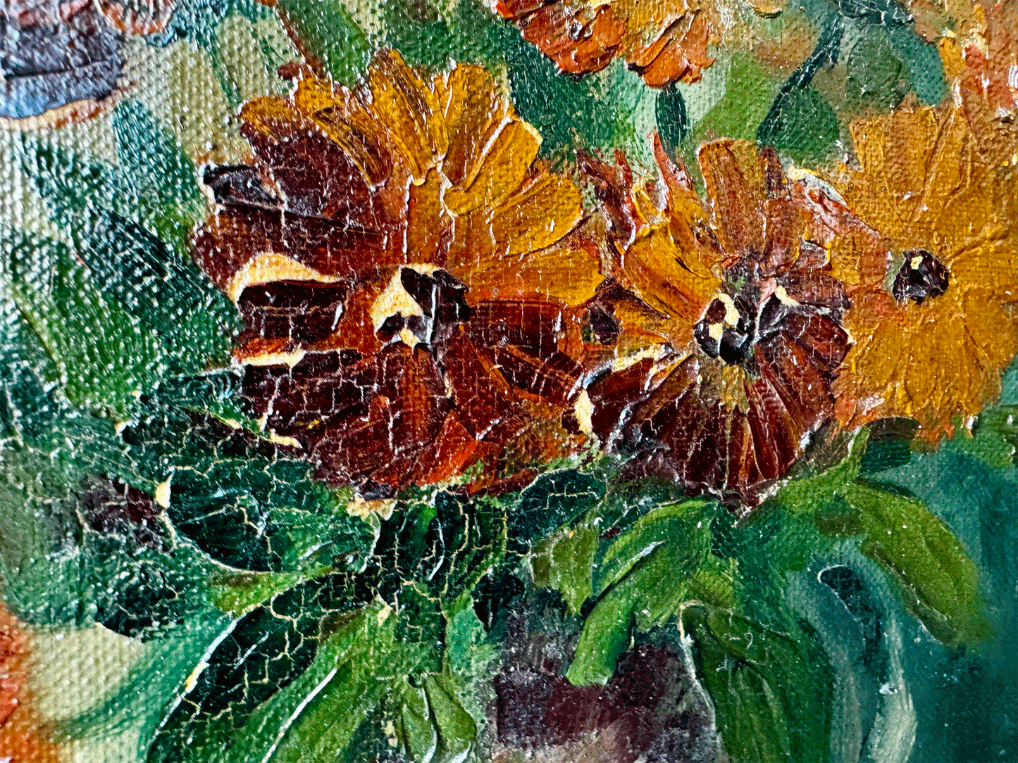 antique french floral still life vase flowers oil canvas impasto moody tones hues