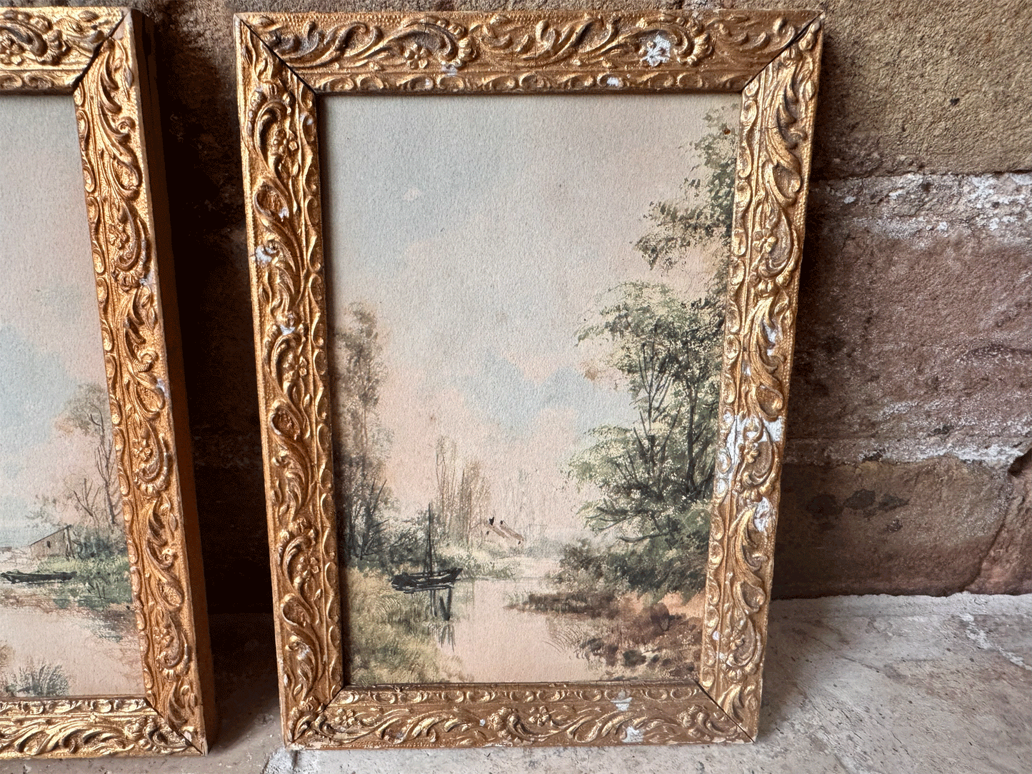 antique french small landscape riverside watercolour painting gilt framed
