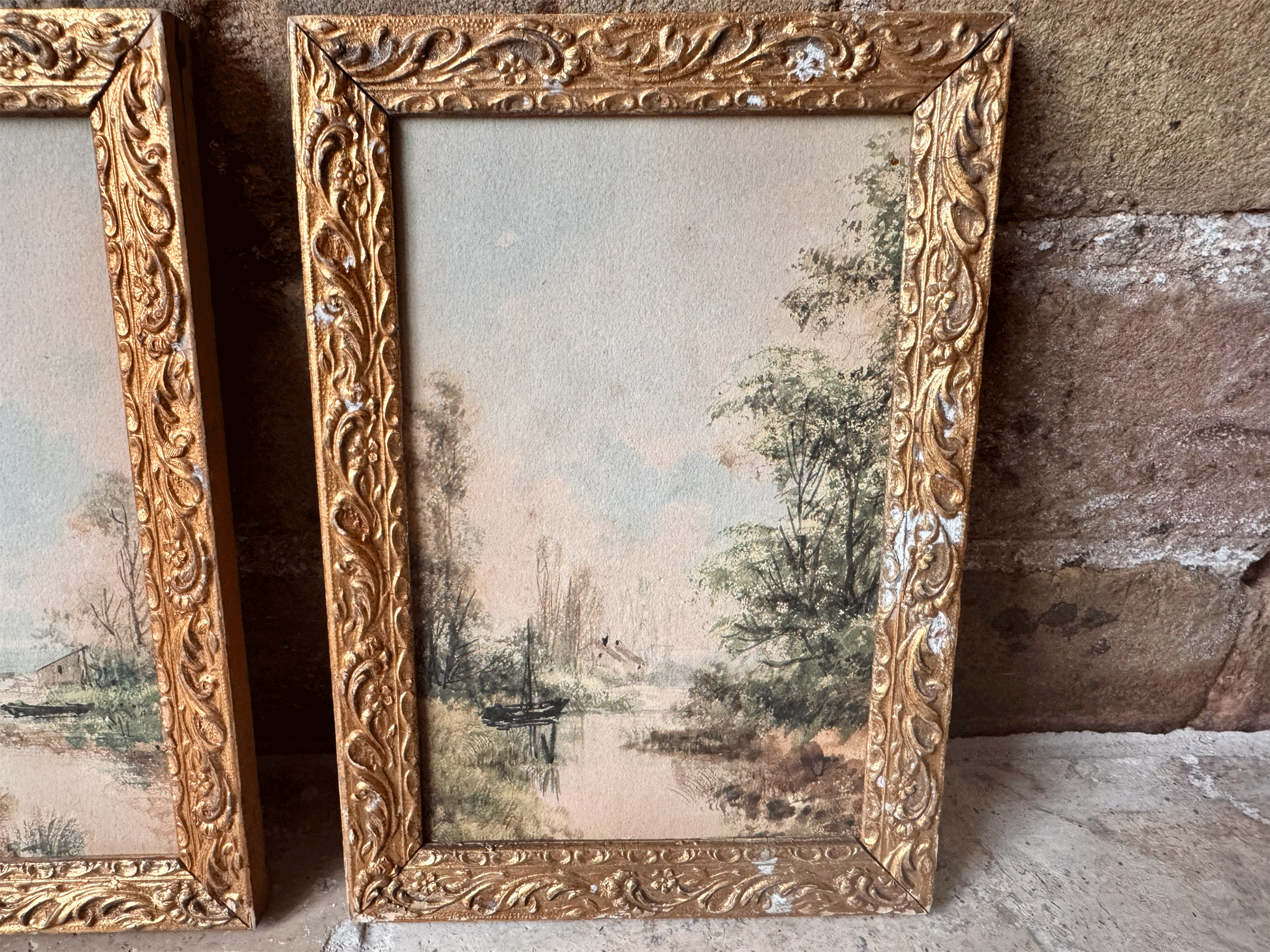 antique french small landscape riverside watercolour painting gilt framed