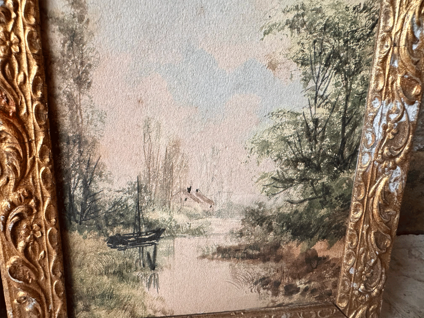 antique french small landscape riverside watercolour painting gilt framed