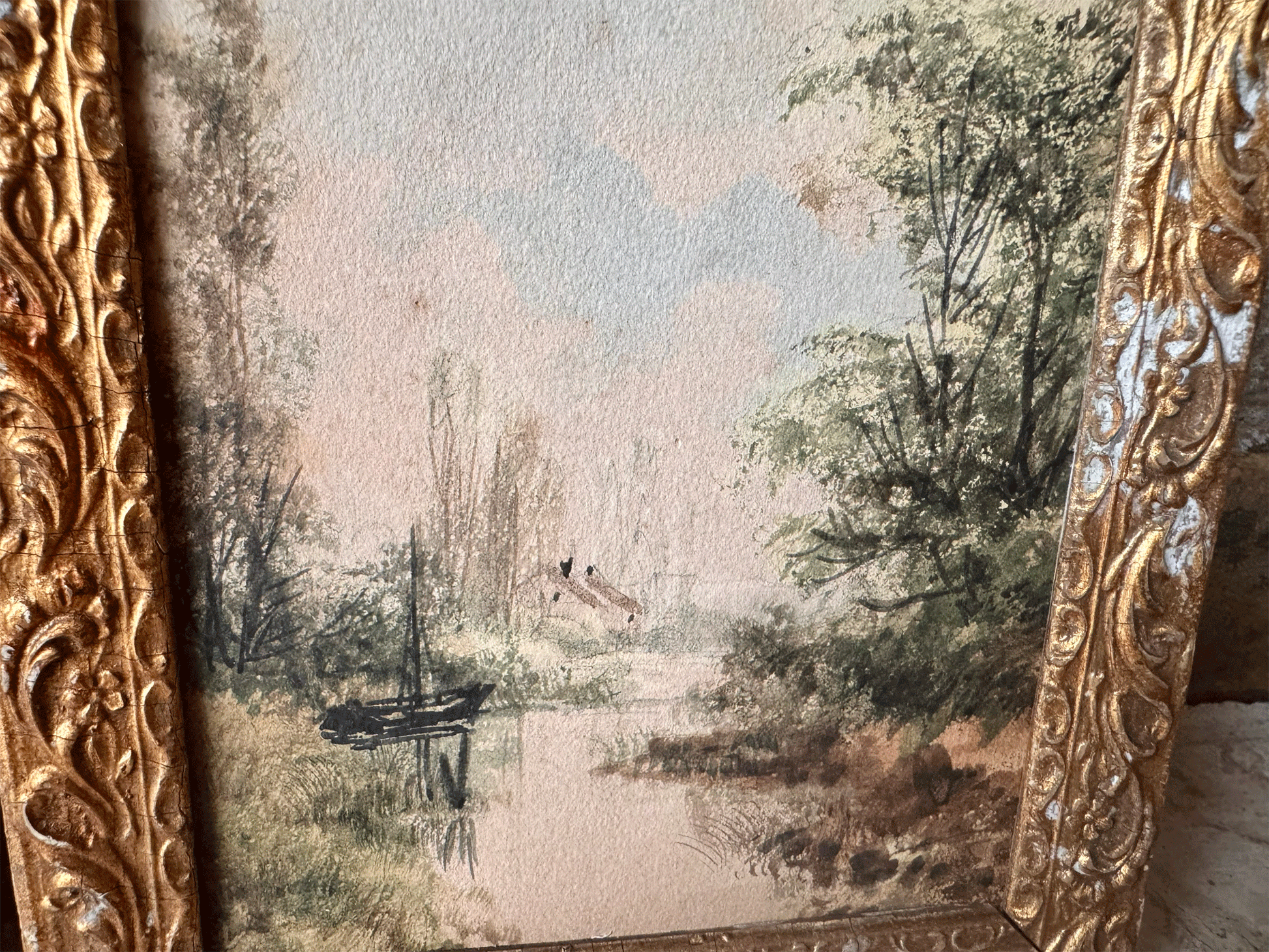antique french small landscape riverside watercolour painting gilt framed