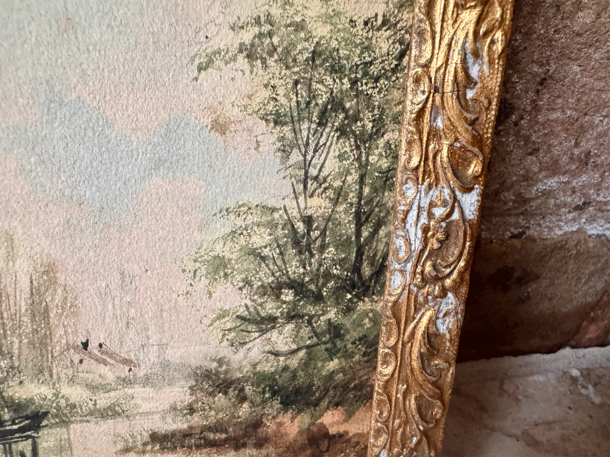 antique french small landscape riverside watercolour painting gilt framed