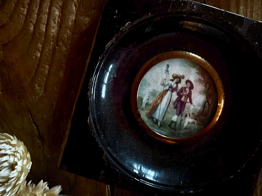 antique french miniature picture painting sherpherdess hunter strolling