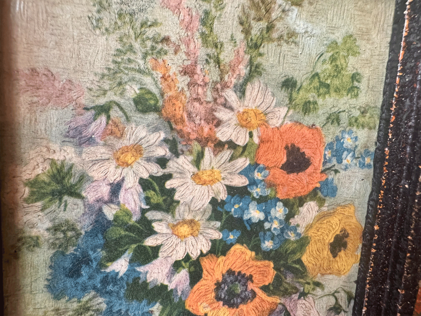 antique french small framed oil painting board floral composition still life blue vase