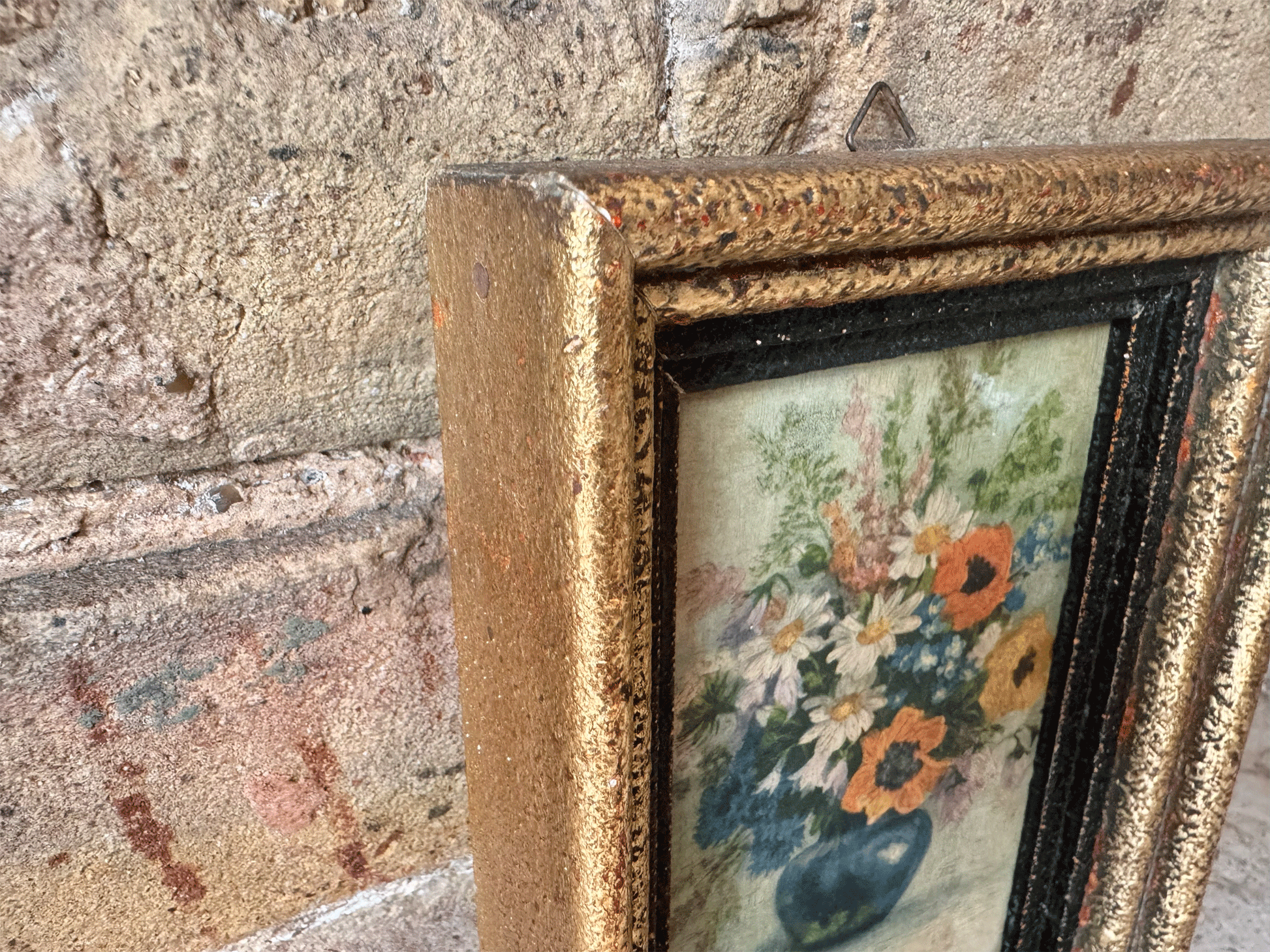 antique french small framed oil painting board floral composition still life blue vase